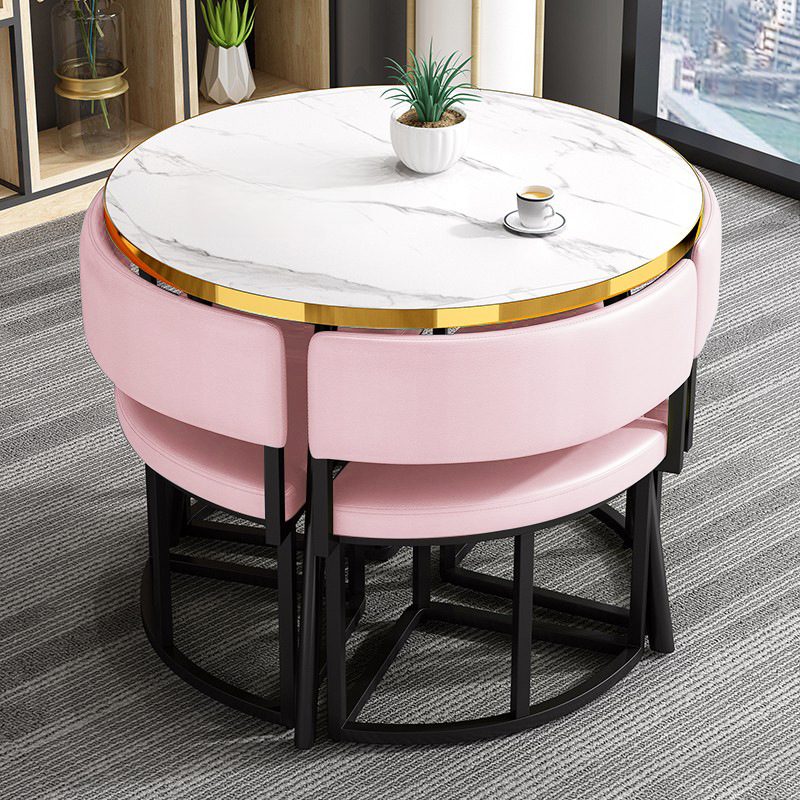 Art Deco Circular-shaped Upholstered Chair Metal & Faux Wood Dining Table Set with Upholstered Back in White, 5 Pieces - image 13