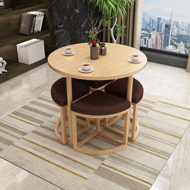 Reclaimed Wood Round Dining Table Set with Metal Toboggan Base and Upholstered Backless Chairs for 4 People - image 5