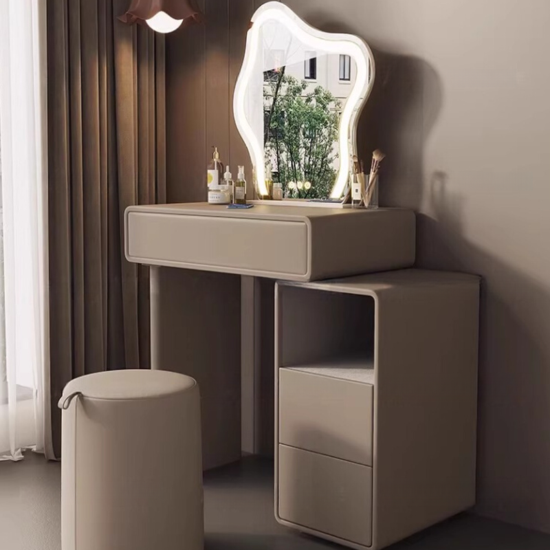Multi-Purpose Tan Vanity Set with Lighting, Push-Pull, Adjustable Touch, and Adjustable Brightness