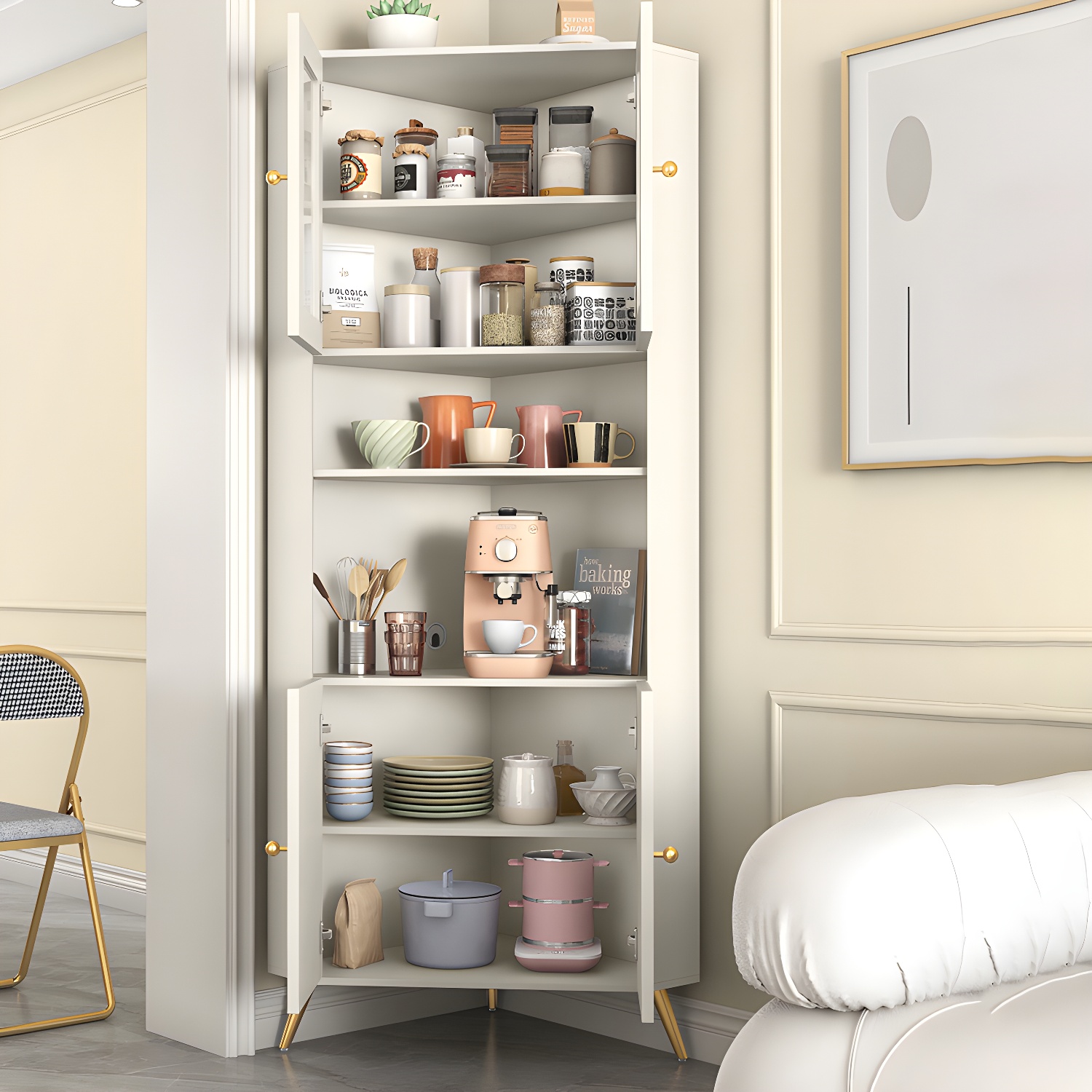 Modern Corner Accent Cabinet with White Wood Countertop, Glass Doors, and Gold Metal Base - image 11