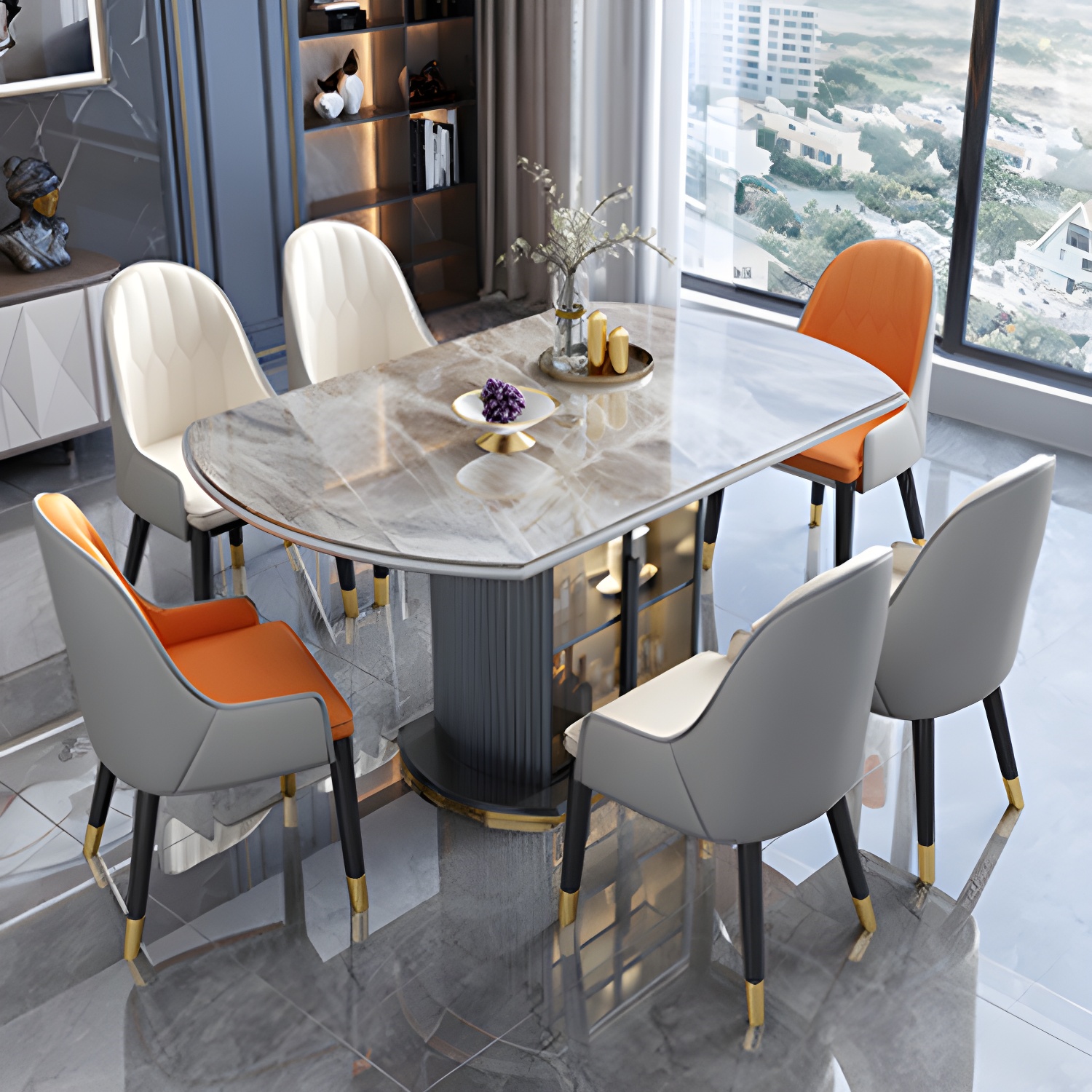 Modern Style Stone Furniture 1/5/7/9/11 Pcs Round Shape Dinette Table with Dining Chair - image 4