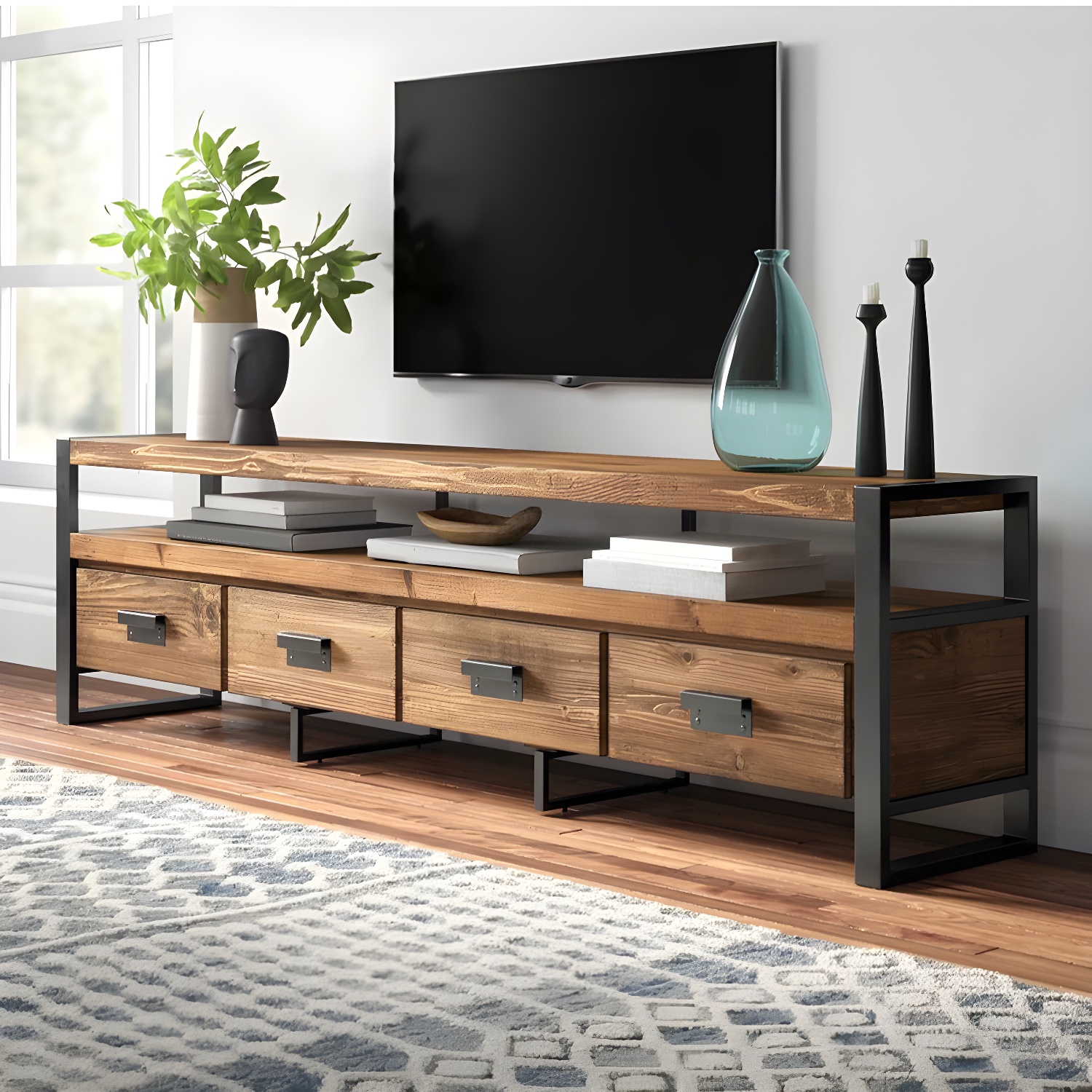 Industrial Wood TV Stand Console Open Storage TV Media Stand with Drawers for Living Room