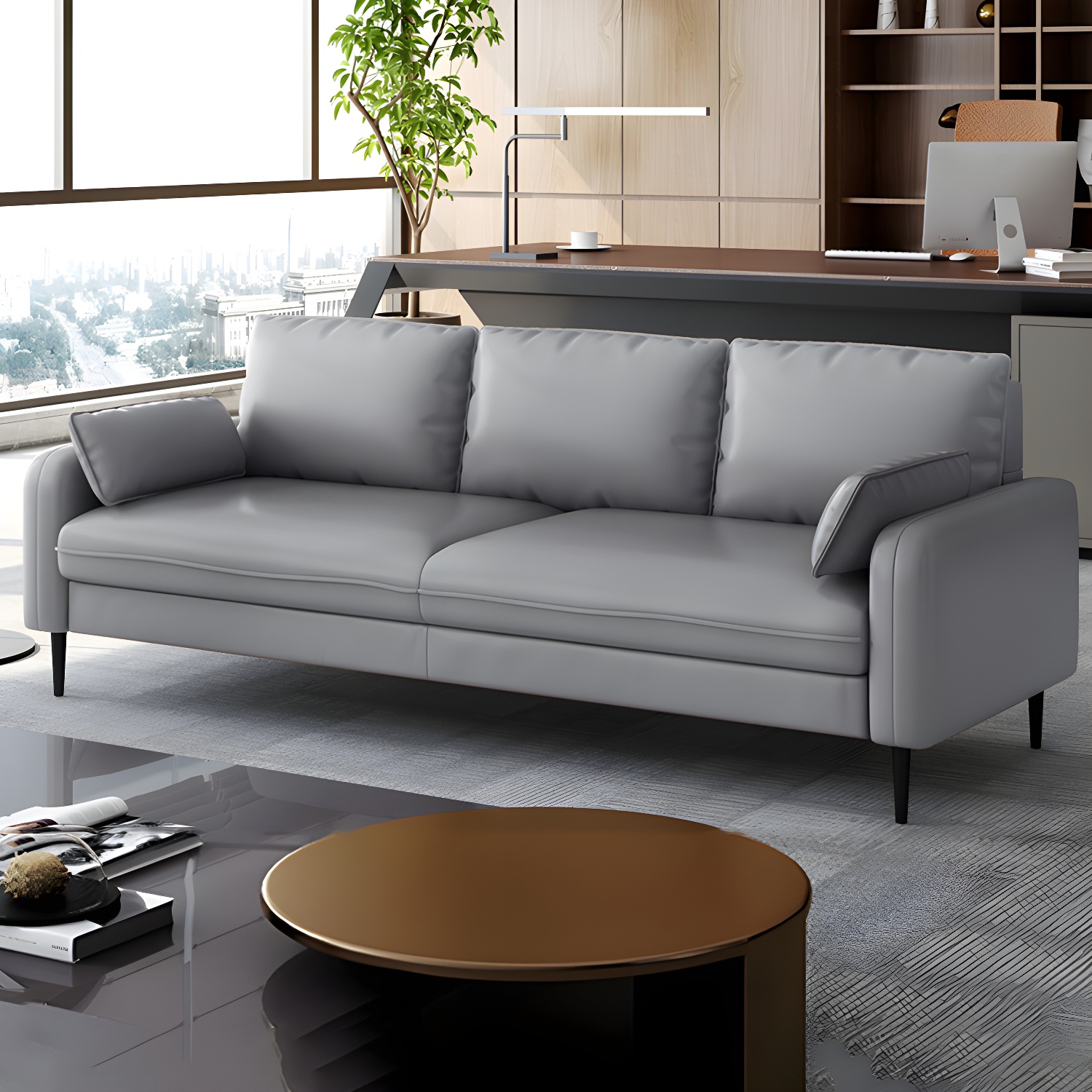 3-Seater Faux Leather Sofa Mid Century Loose Back Square Arm Settee - image 4