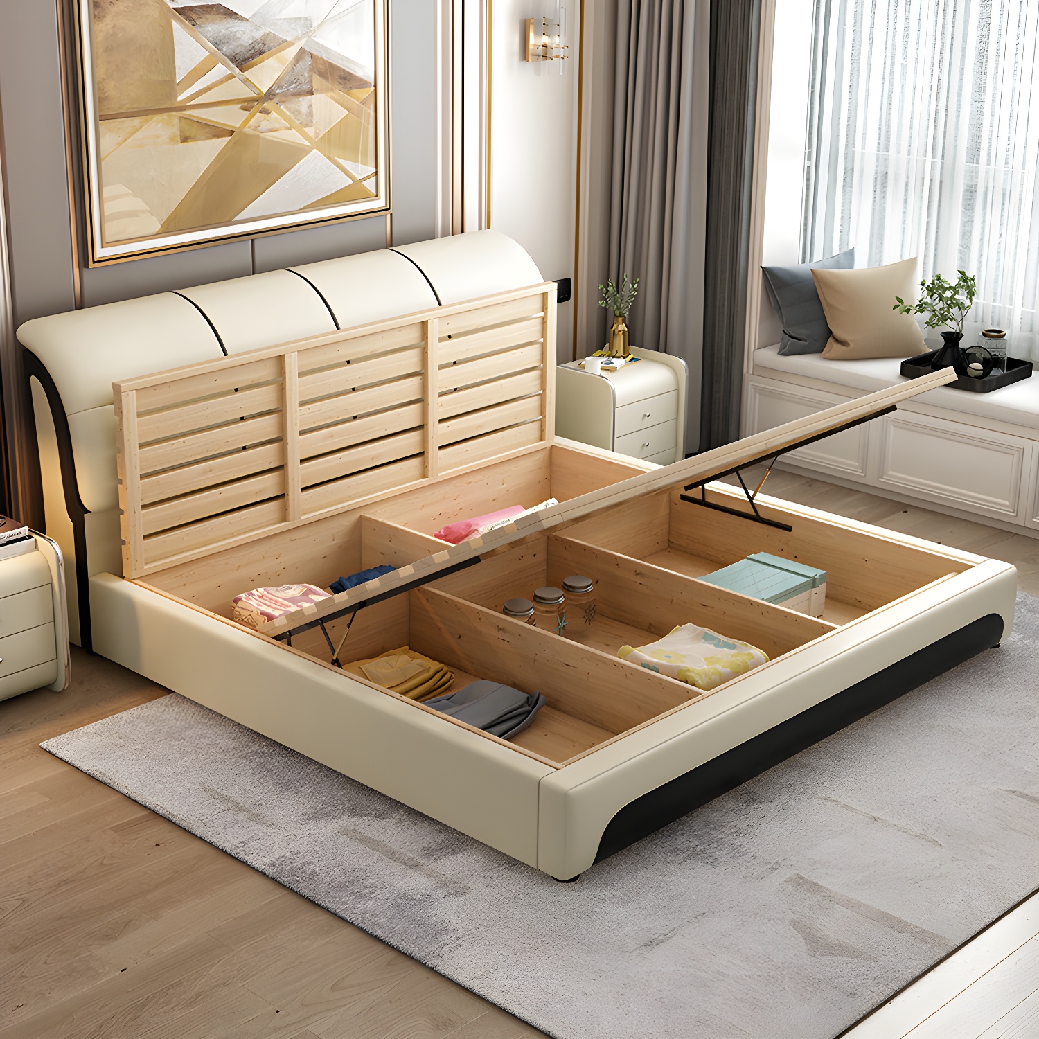 Glam Light Beige Bed Upholstered Wood Bed Frame with Headboard - image 3