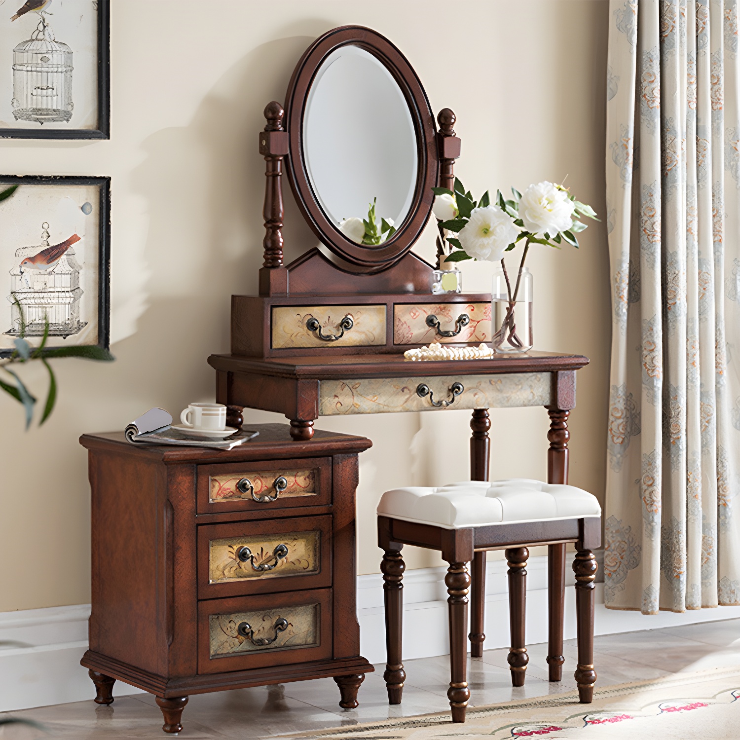Victorian Vanity Set Solid Wood Drawers Included Makeup Dressing Table With Mirror & Stool - image 18