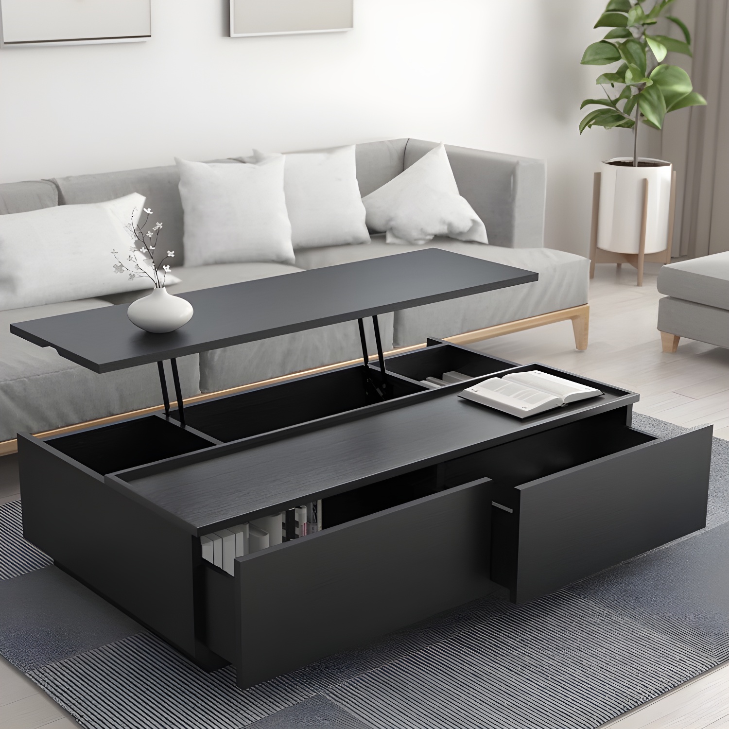 Modern Lift Top Wood Coffee Table with 2 Drawers and Trunk Storage