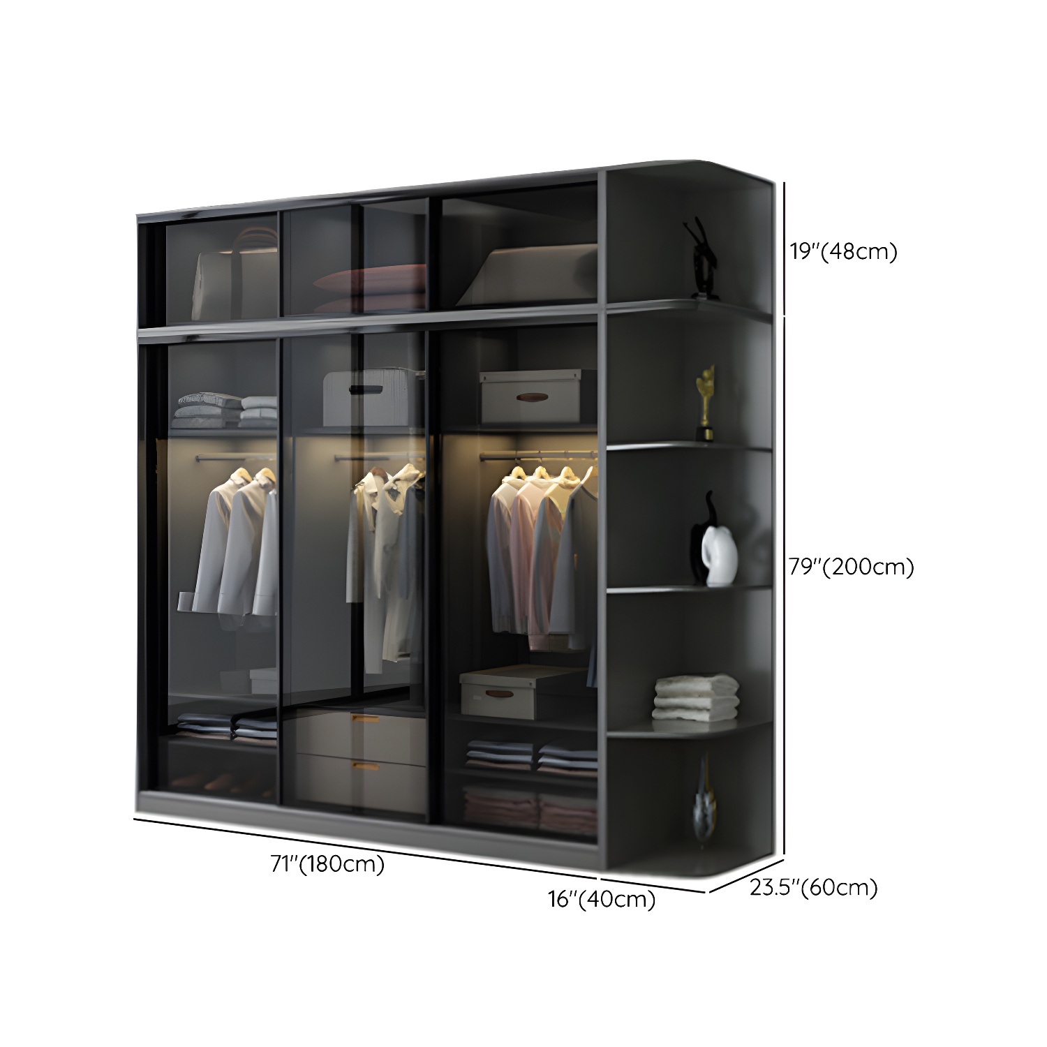 Contemporary Wood and Tempered Glass Wardrobe Freestanding Wardrobe Armoire without Light - image 29