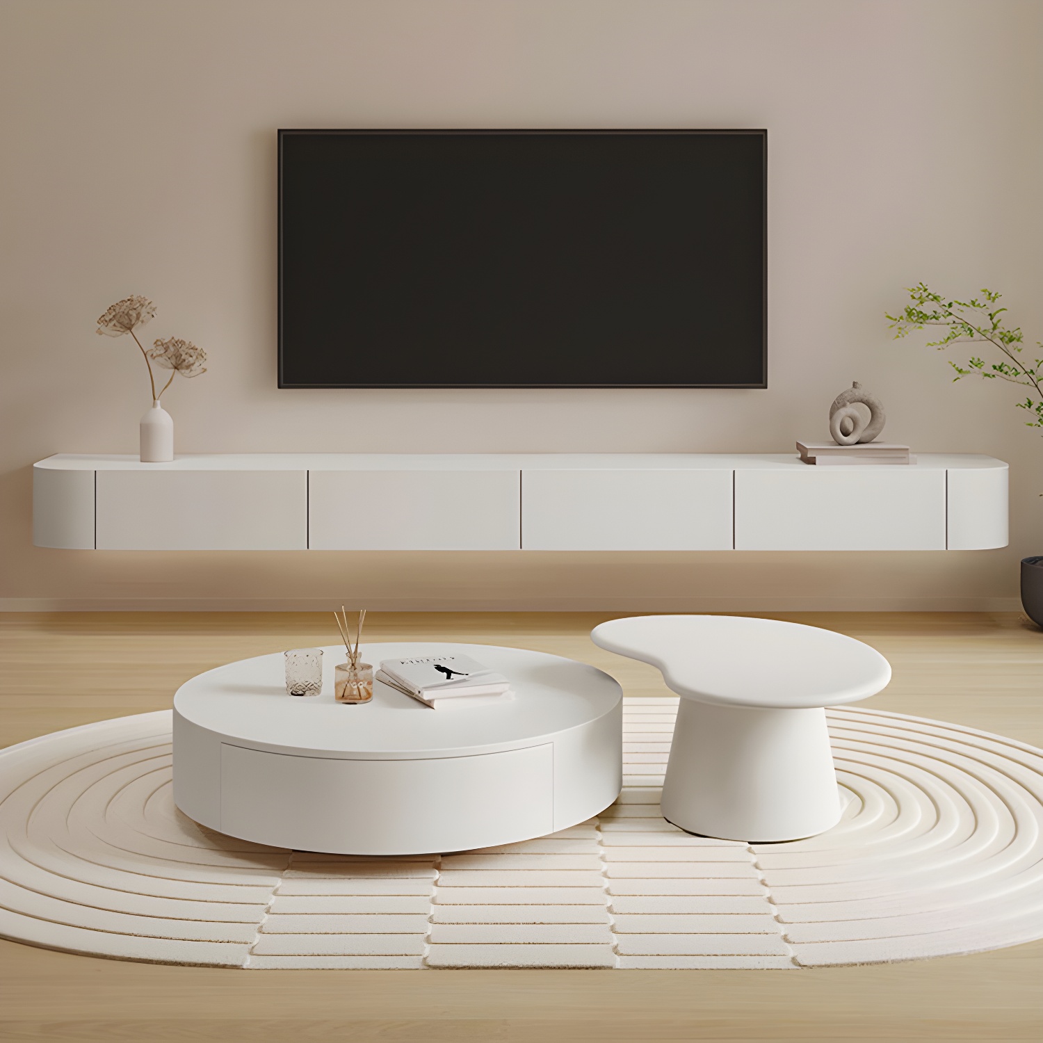 White Wall-mounted Media Stand with Drawers Contemporary TV Console, Faux Wood - image 2