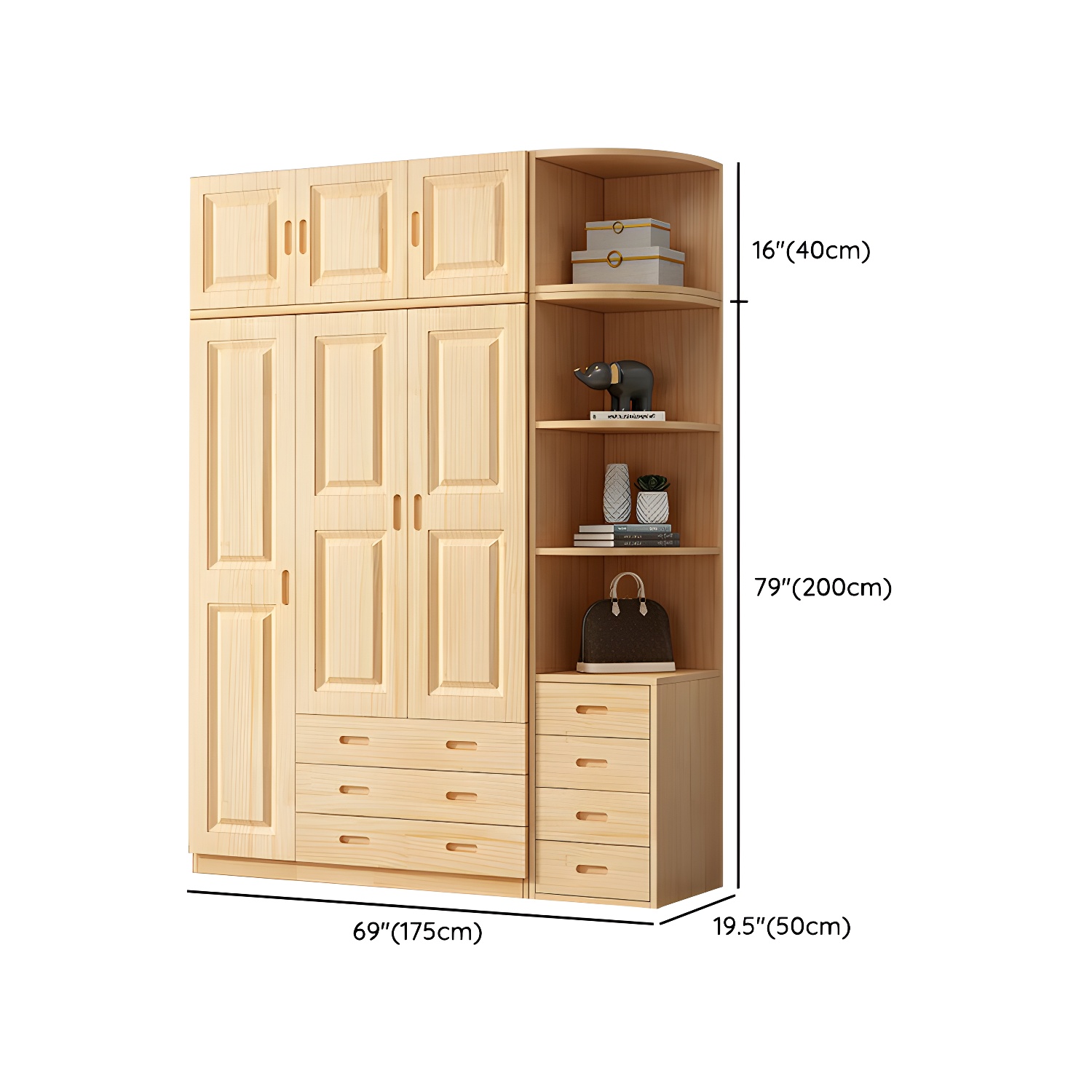 Modern Natural Pine Wardrobe Armoire with Drawers and Clothing Rod - image 39