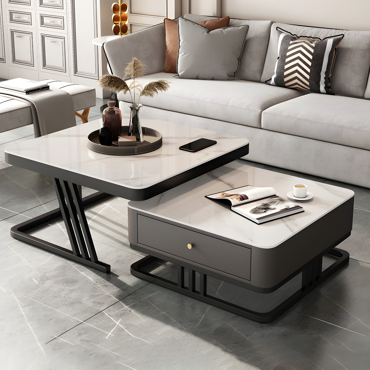 Modern Round Glass / Slate Cocktail Table Steel Frame Coffee Table with Drawer - image 8