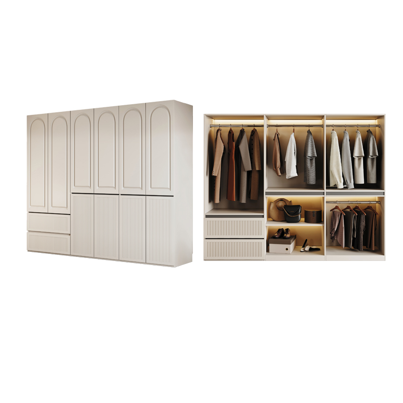 White Minimalist Pine Wood Wardrobe Closet with Soft Close Drawer, Soft Close Door, Interior Shelves, and Clothing Rod