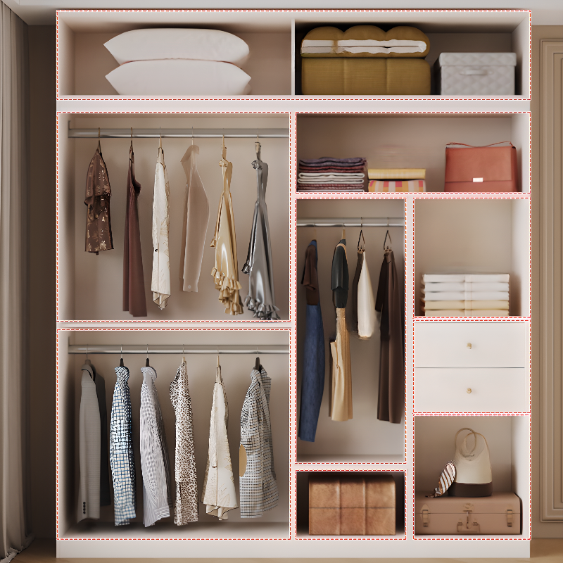 Contemporary White Engineered Wood Cabinet Armoire with Multiple Drawers, Interior Shelves, and Hanging Rod