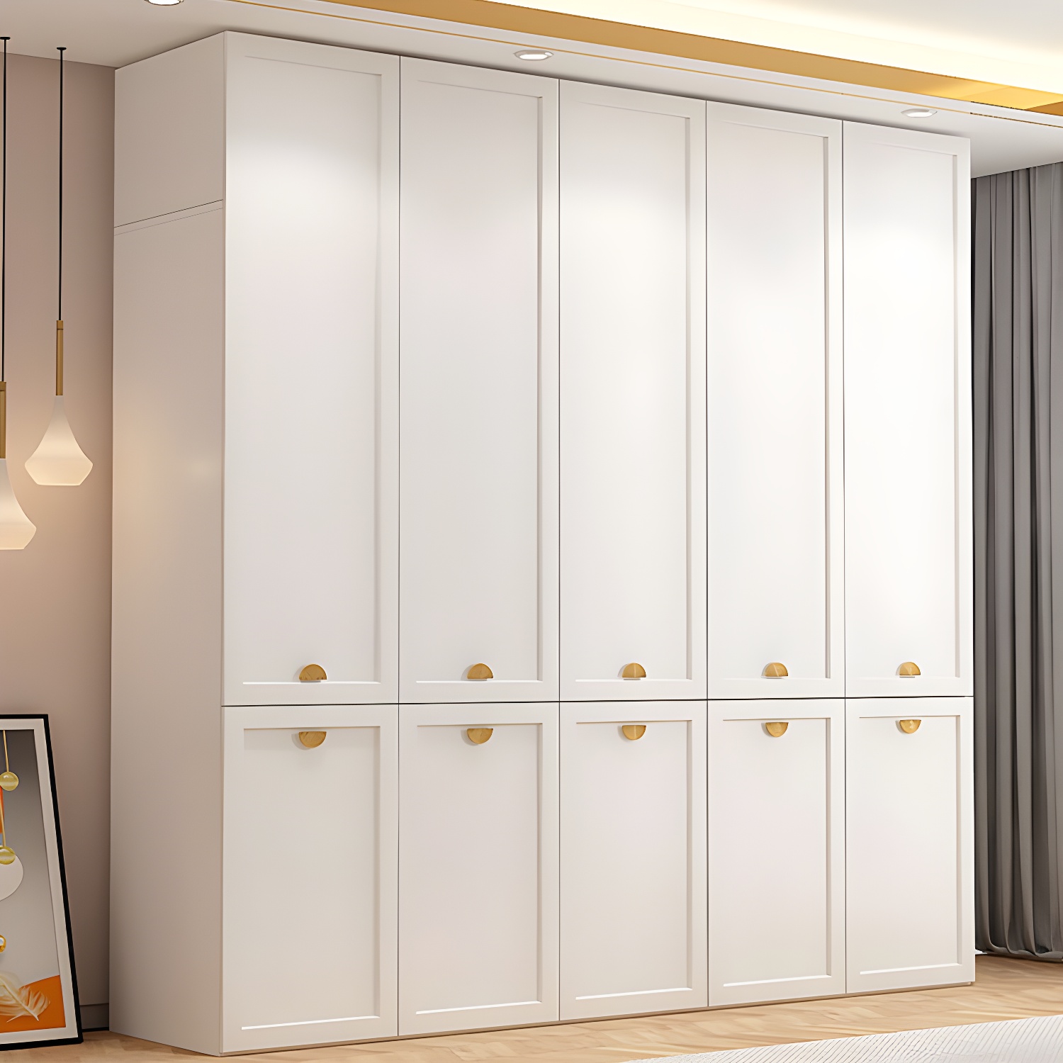 Modern Solid Color Shelves Hinged Doors Cloth Rod Included Cabinet in Beige