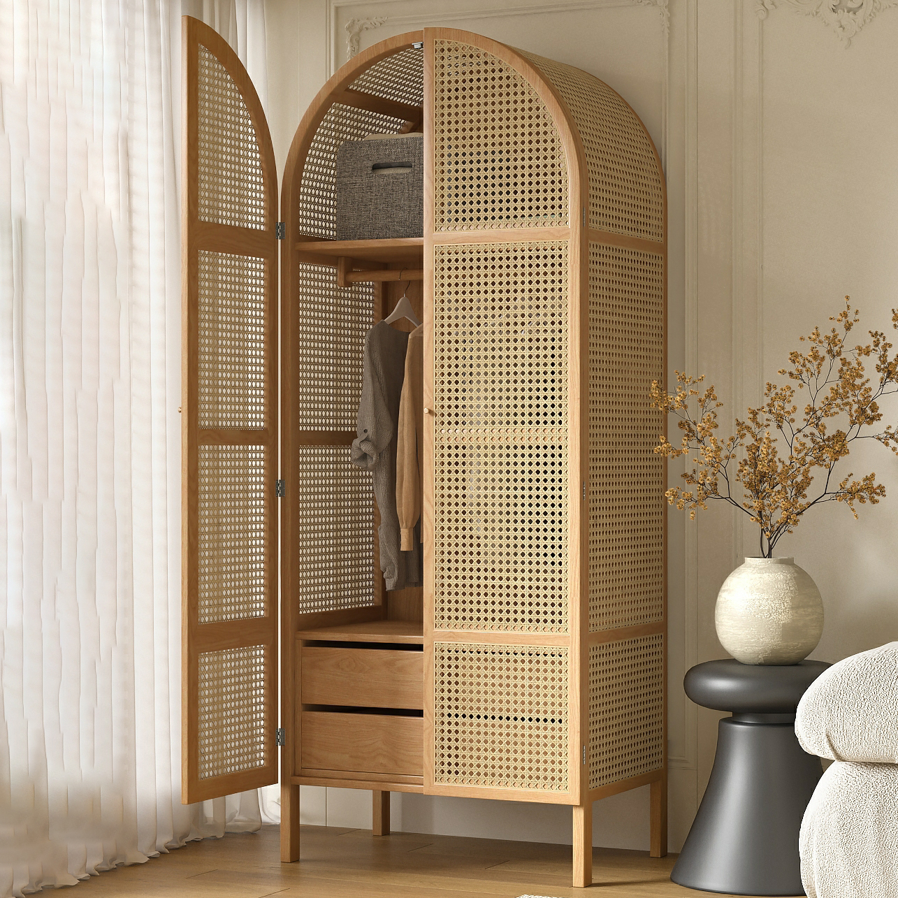 Scandinavian Rattan Wood Wardrobe with 4 Feet and Shelves for Bedroom - image 3
