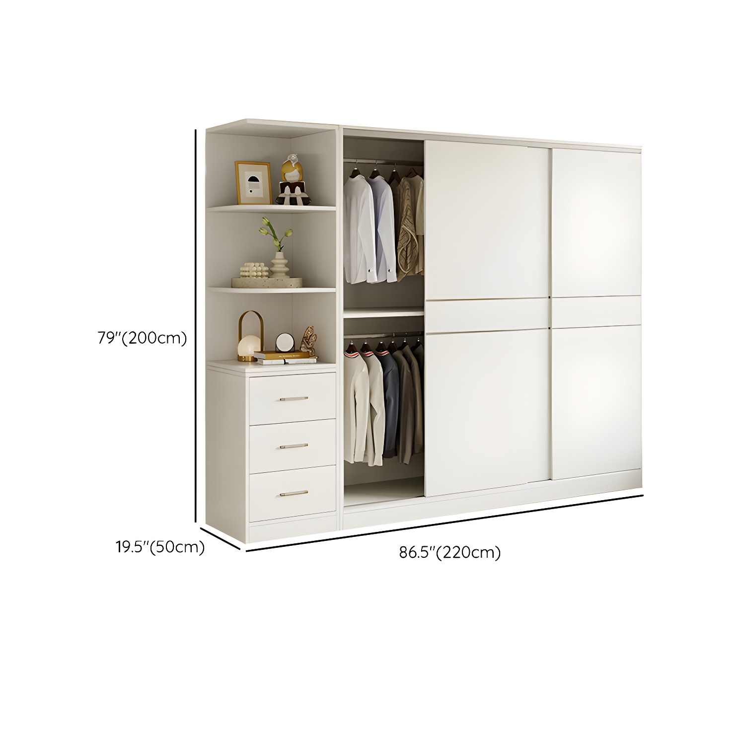 Modern White Wood Wardrobe Armoire with Sliding Doors, Shelves, and Soft Close Drawers - image 29