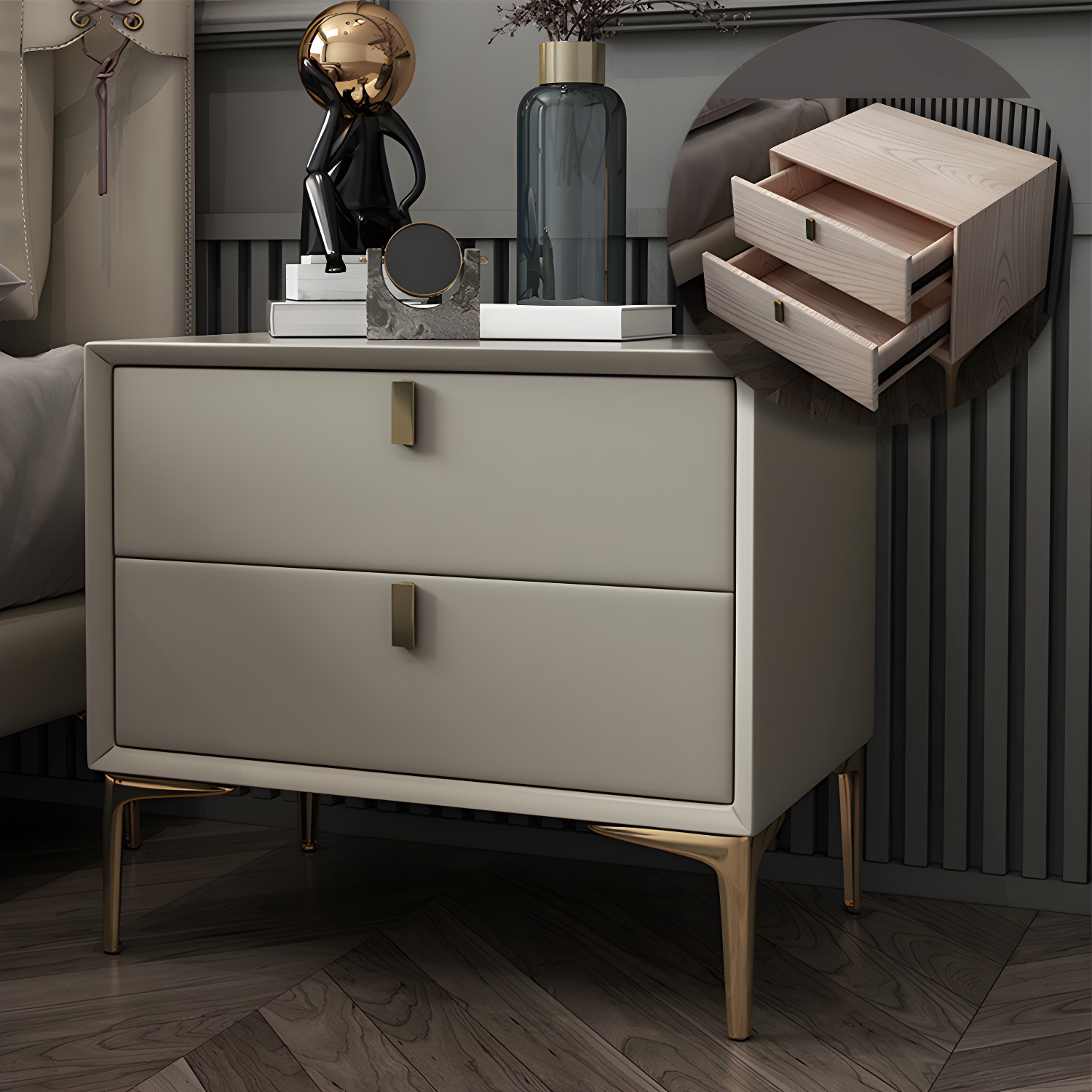 2 Drawer Solid Wood Modern Night Table Drawer Storage Bed Nightstand - image 8