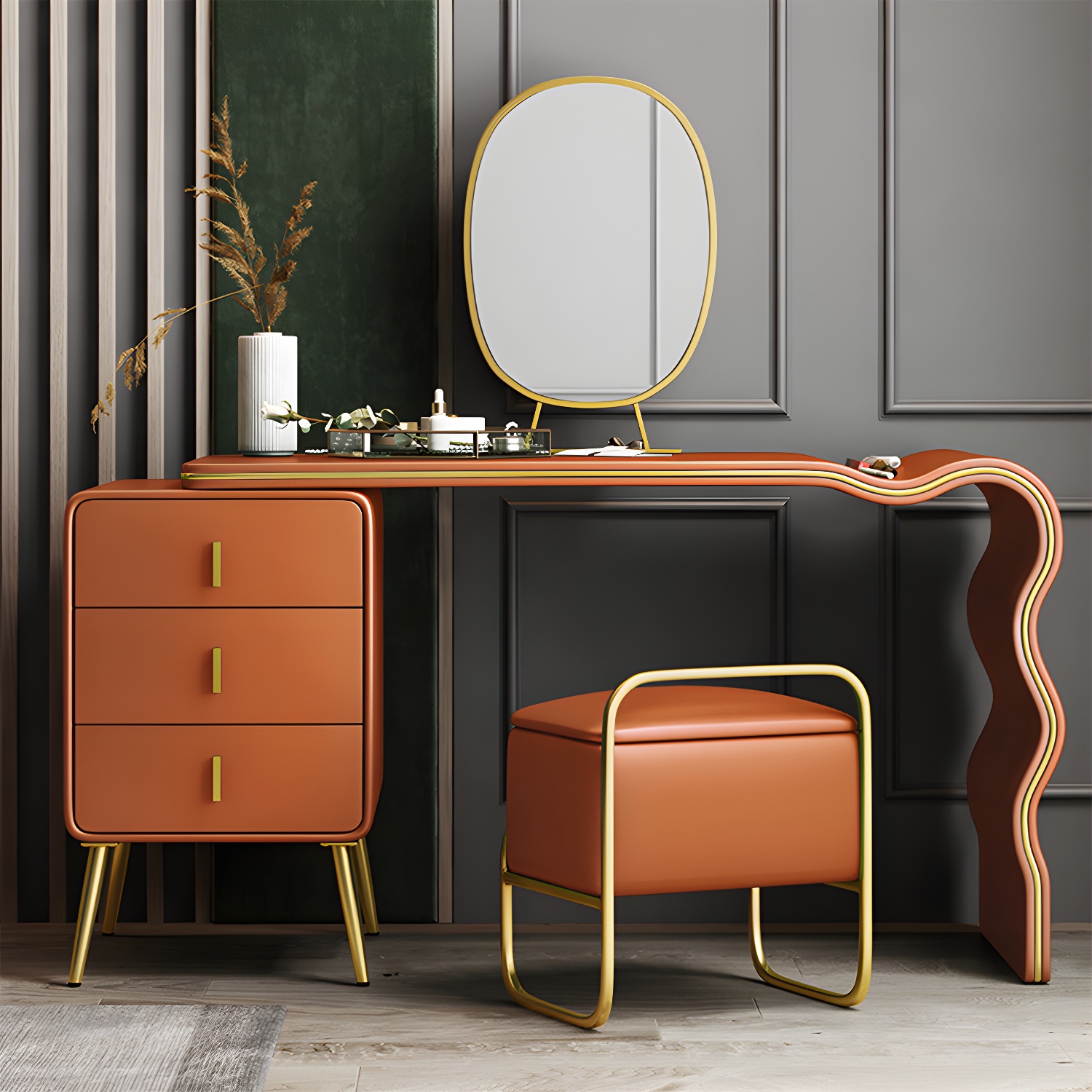 3 Drawers Make-up Vanity Set, 28.74" H Leather Vanity with Stool & Mirror - image 23