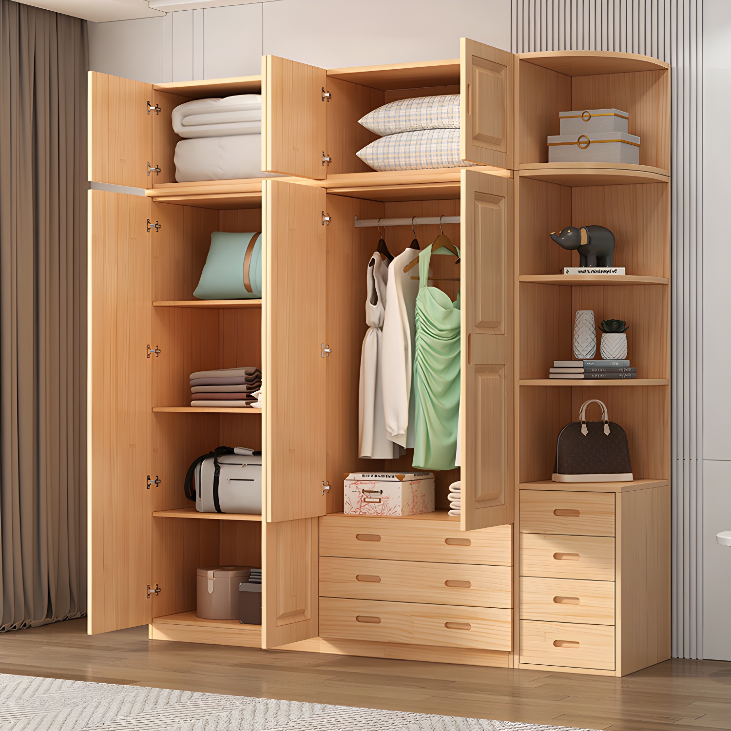 Modern Natural Pine Wardrobe Armoire with Drawers and Clothing Rod - image 10