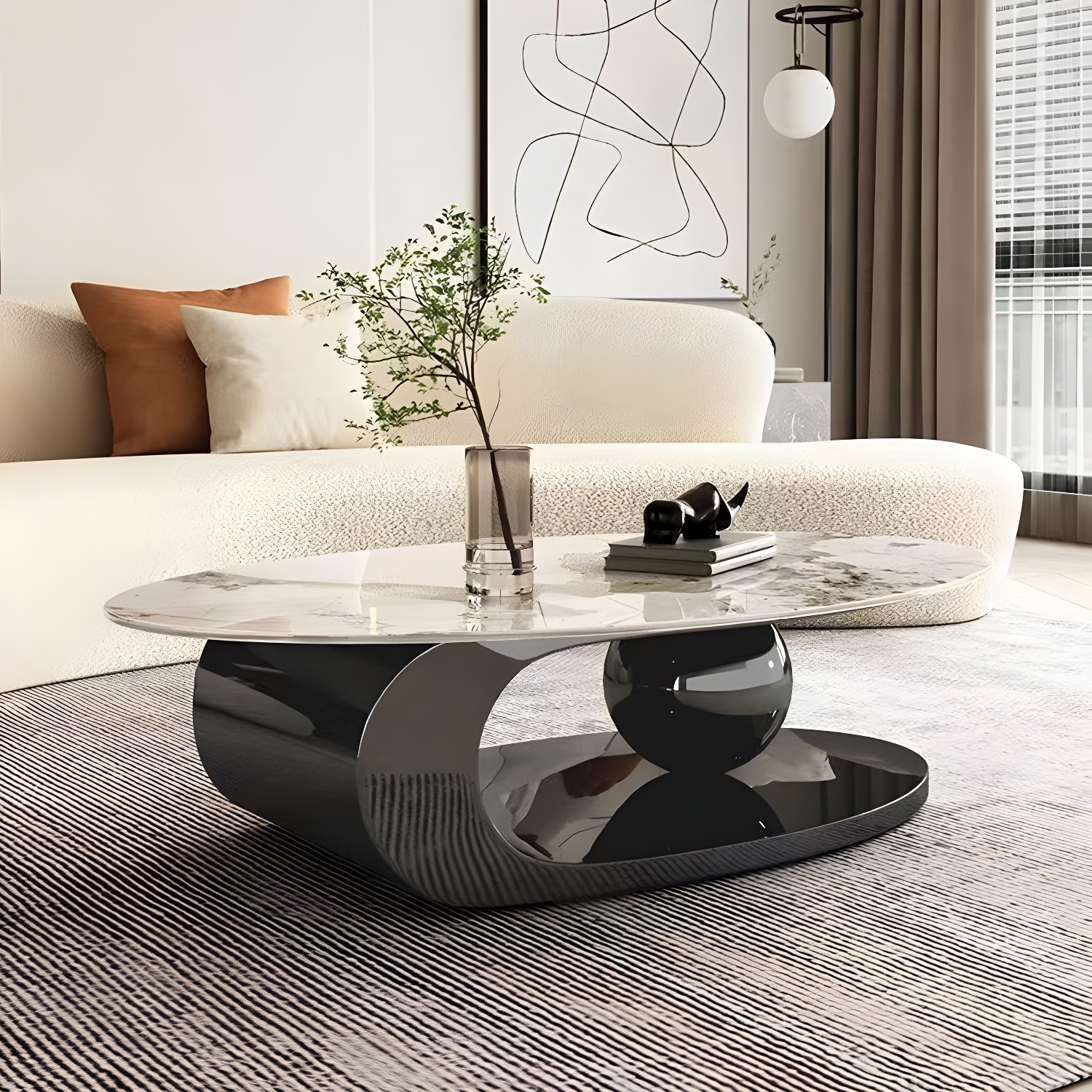 Glam Stone Coffee Table - Beige Oval Shape with Abstract Stainless Steel Base and Scratch Resistant - image 5