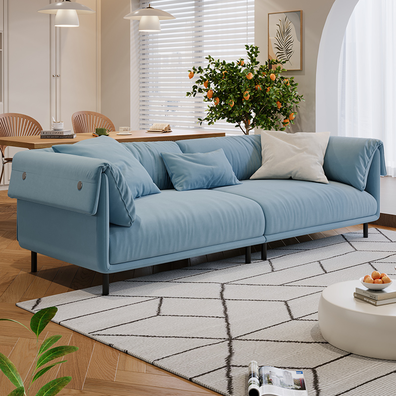 Drawing Room Standard Sofa in Genuine Leather/Flannel with White/Cerulean/Tan Upholstery, Armrest, and 3 Pillows