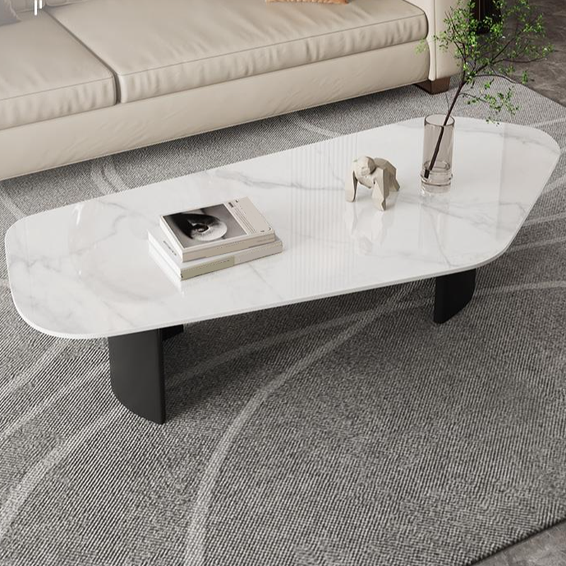 Modern Farmhouse Stone White Irregular Single Coffee Table with Twin Pedestal Base