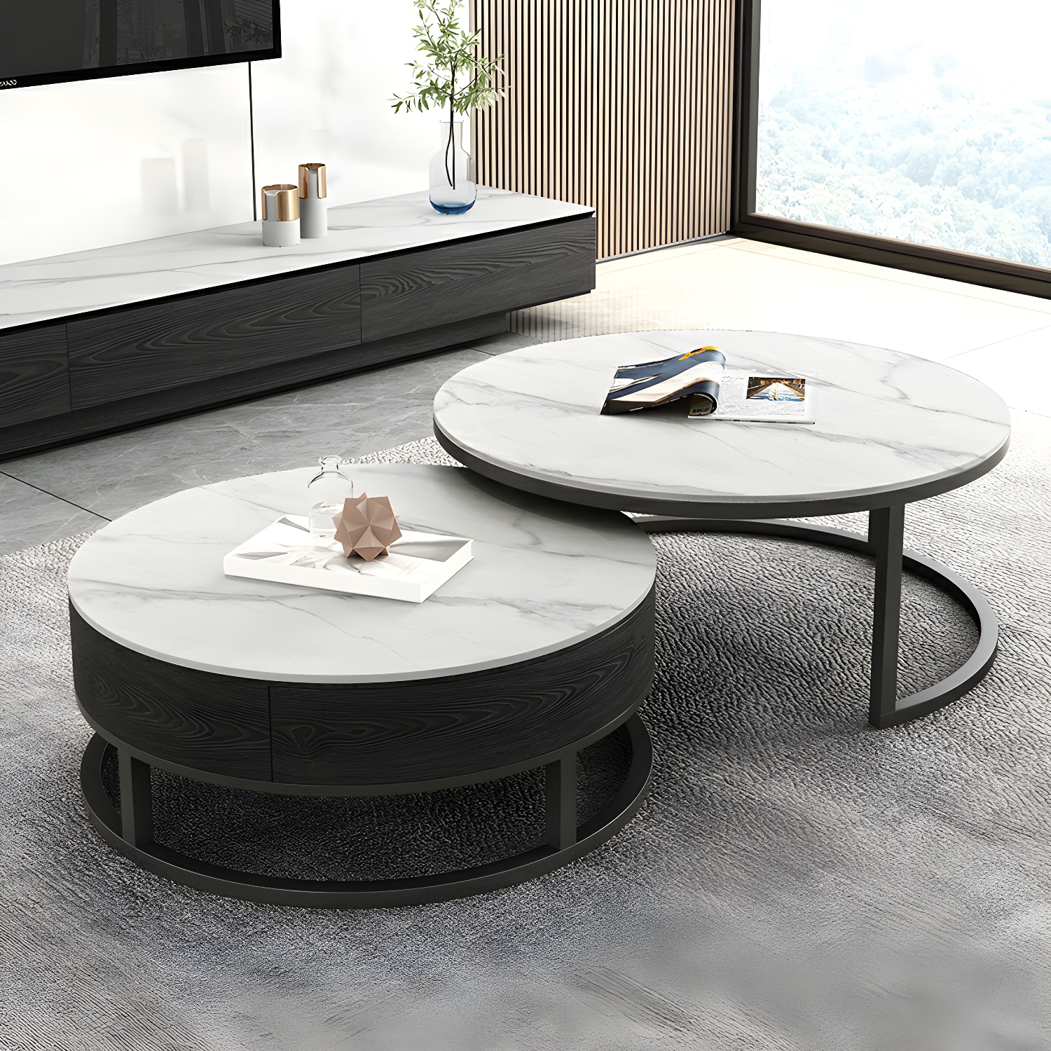 Set of 2 Round Stone Top Modern Nesting Tables with Black Metal Frames and Drawers Included - image 4