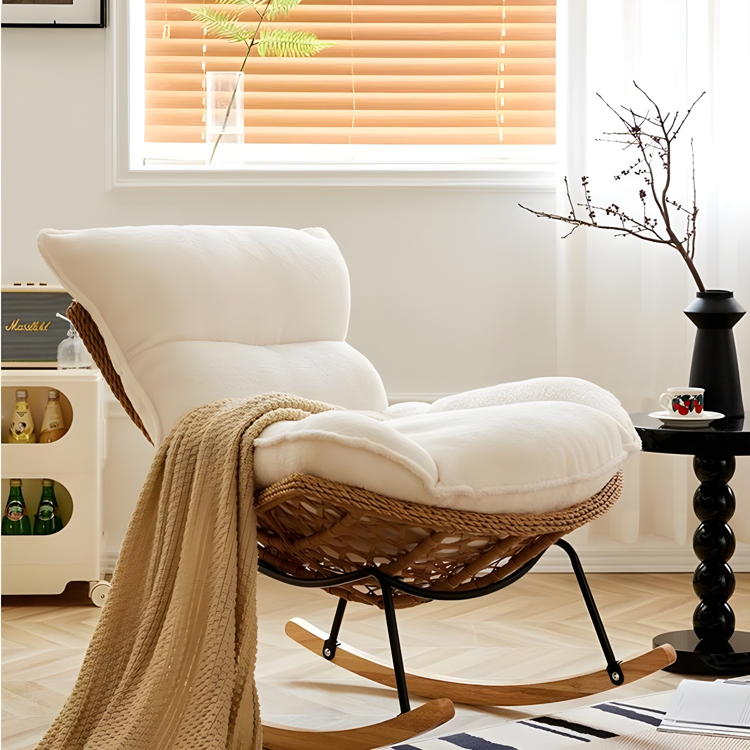 Traditional Armless Design Indoor Rocking Chair with rattan Frame and Nature Wood Legs - image 8