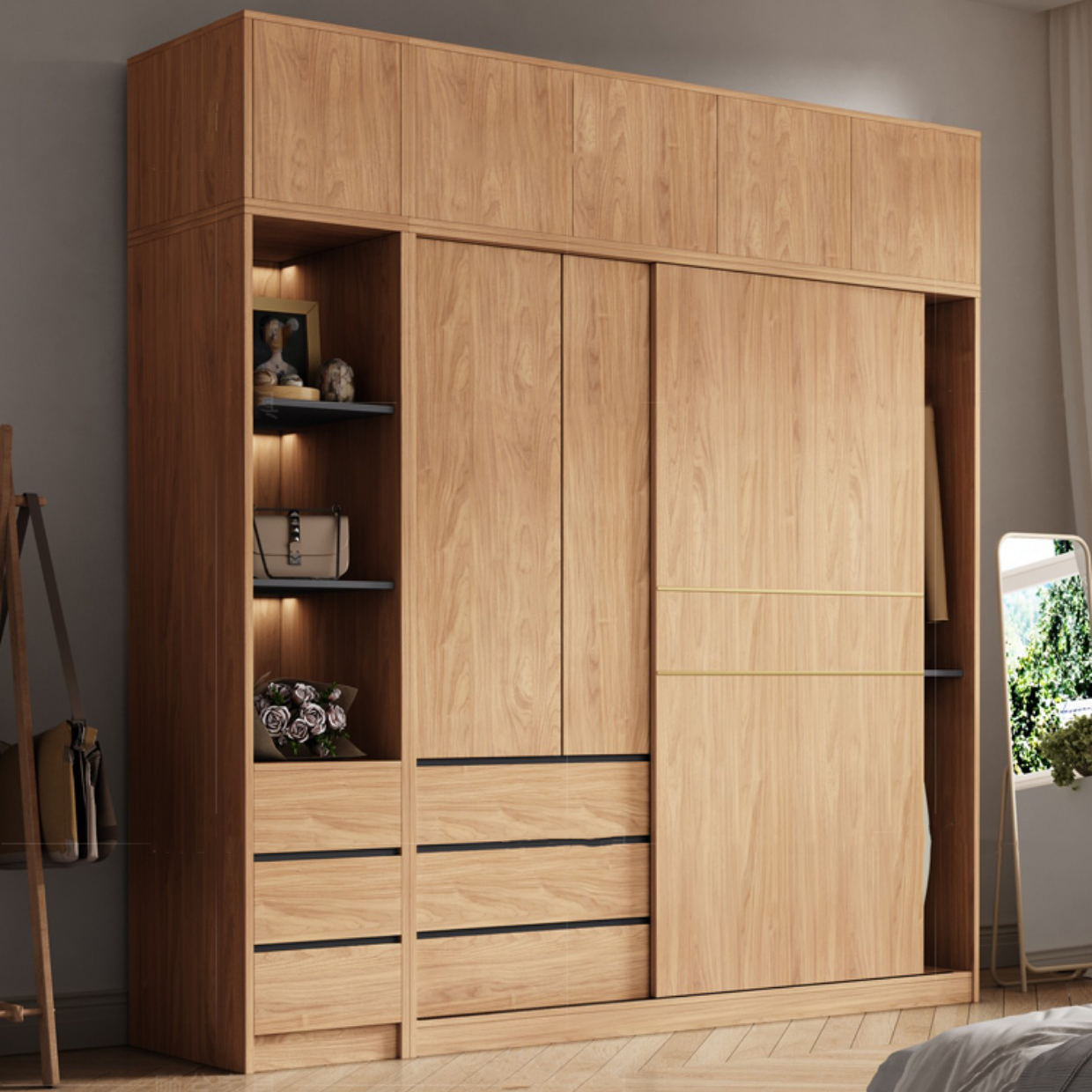 Contemporary Wood Wardrobe Armoire Freestanding Adjustable Shelves Wardrobe with Drawers - image 4