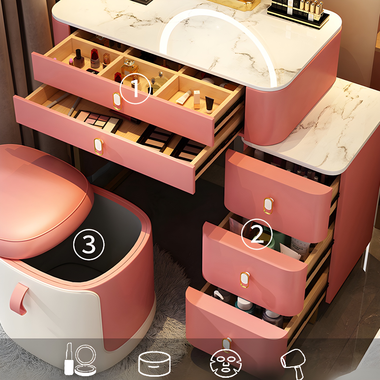 Stone Top Vanity with Storage Drawers Makeup Vanity Desk with Stool and Mirror - image 13