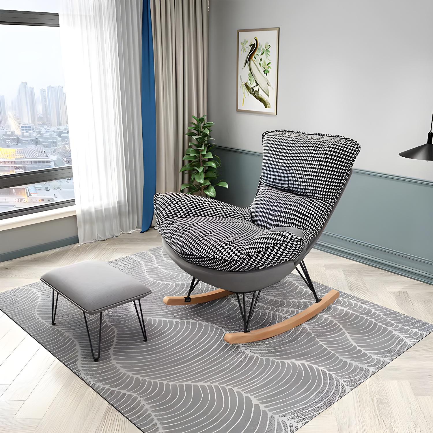 Glam Rocking Accent Chair Upholstered Antique Finish Rocking Chair with Ottoman - image 4