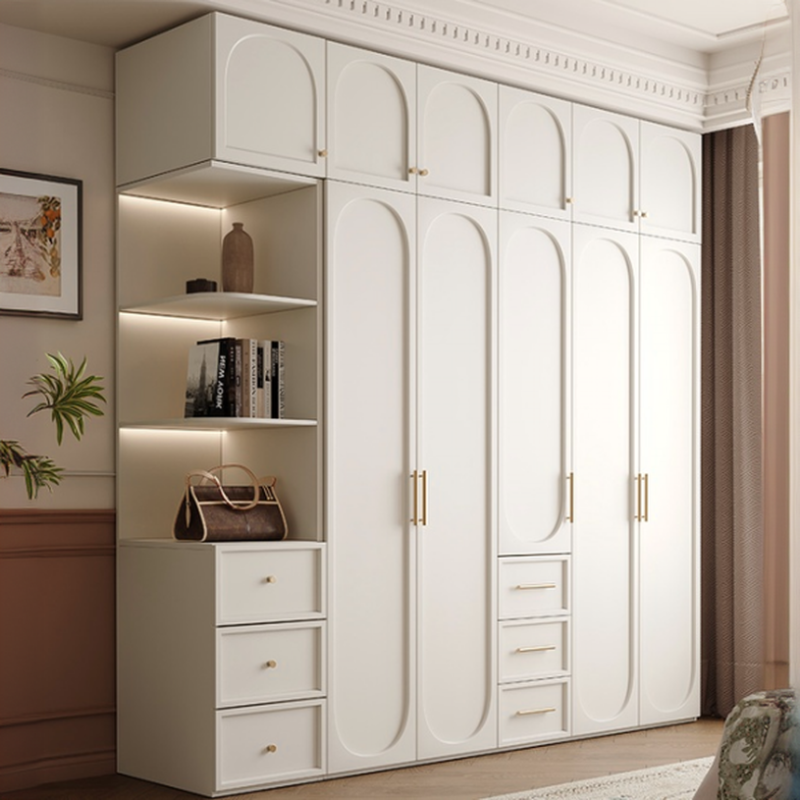 White Minimalist Manufactured Wood Wardrobe Closet with 3-Drawer, Soft Close Door, Interior Shelves, and Clothing Rod