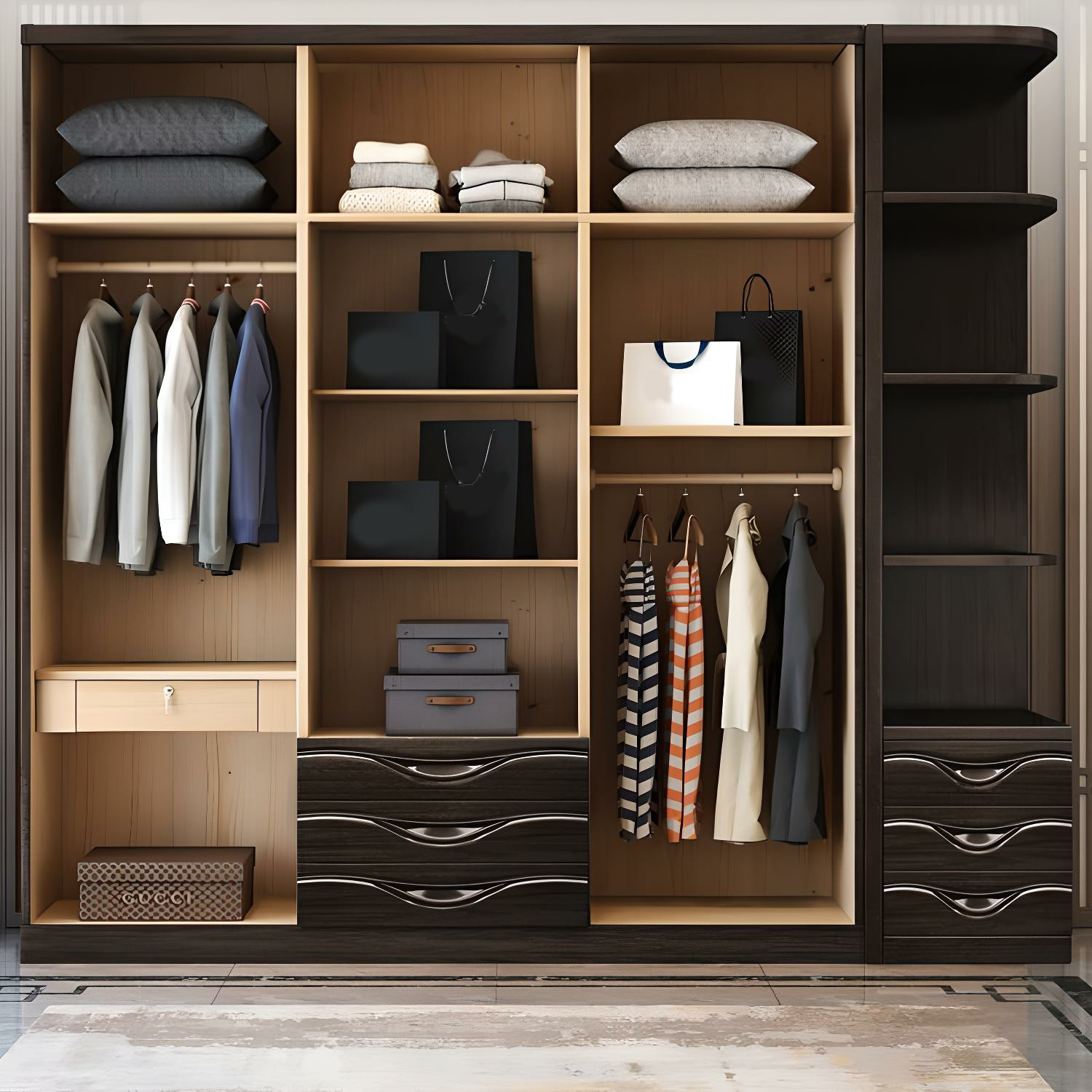 Traditional Black-brown Storage Wood Wardrobe with Clothing Rod and Shelves - image 6