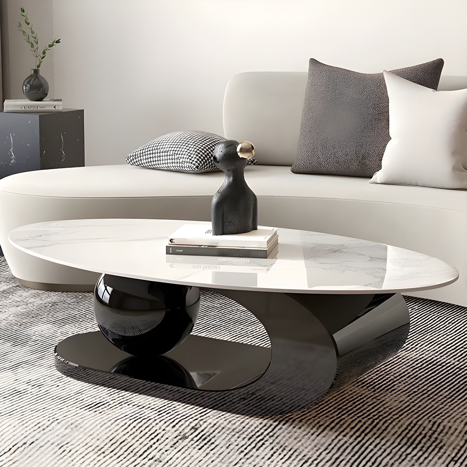 Glam Stone Coffee Table - Beige Oval Shape with Abstract Stainless Steel Base and Scratch Resistant