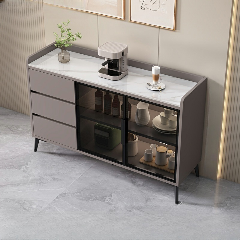 Stone Top Modern Wood Sideboard Credenza with 3 Drawers and Glass Doors - image 4