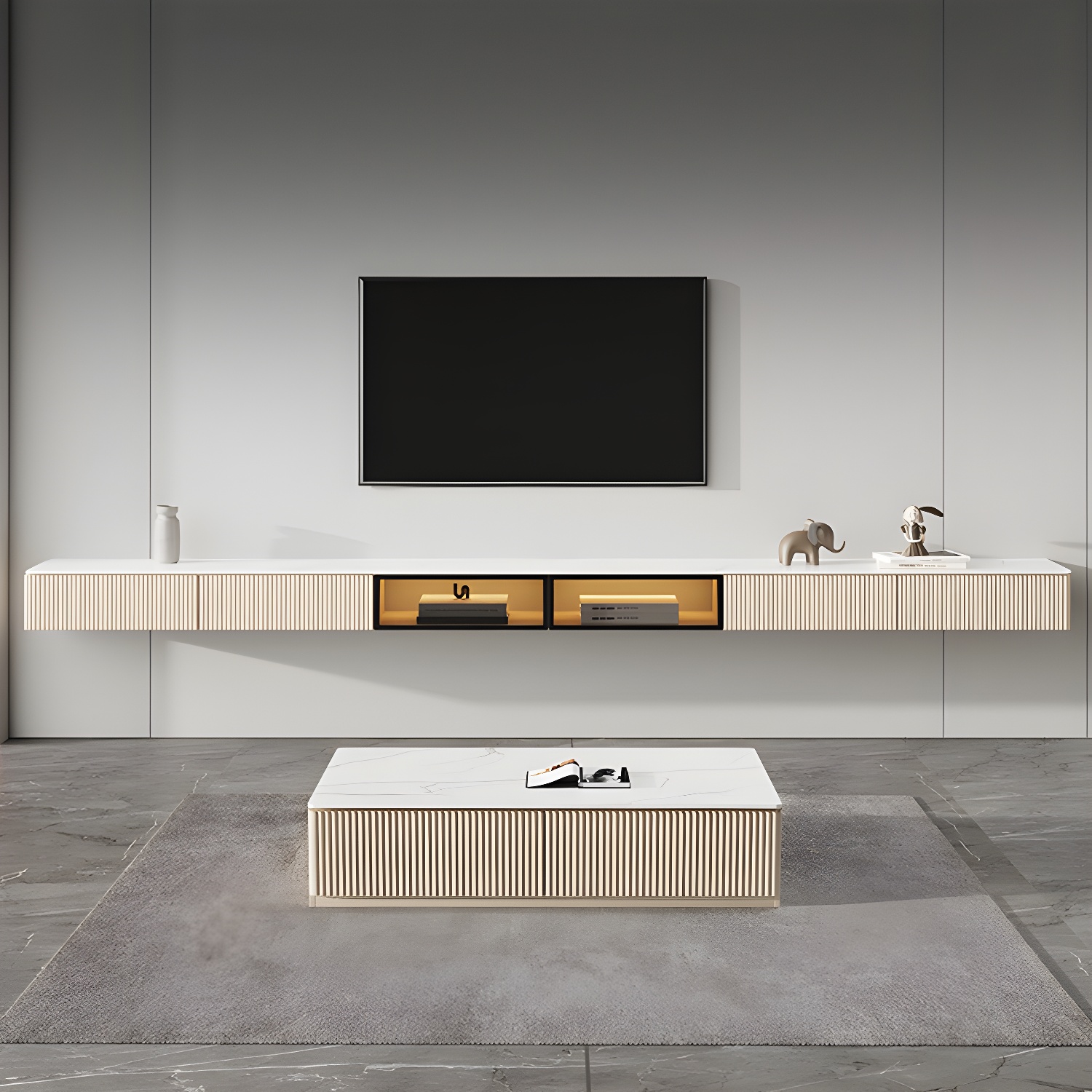 Glam Wall-mounted TV Media Stand Slate Top Wood Frame with Storage - image 3