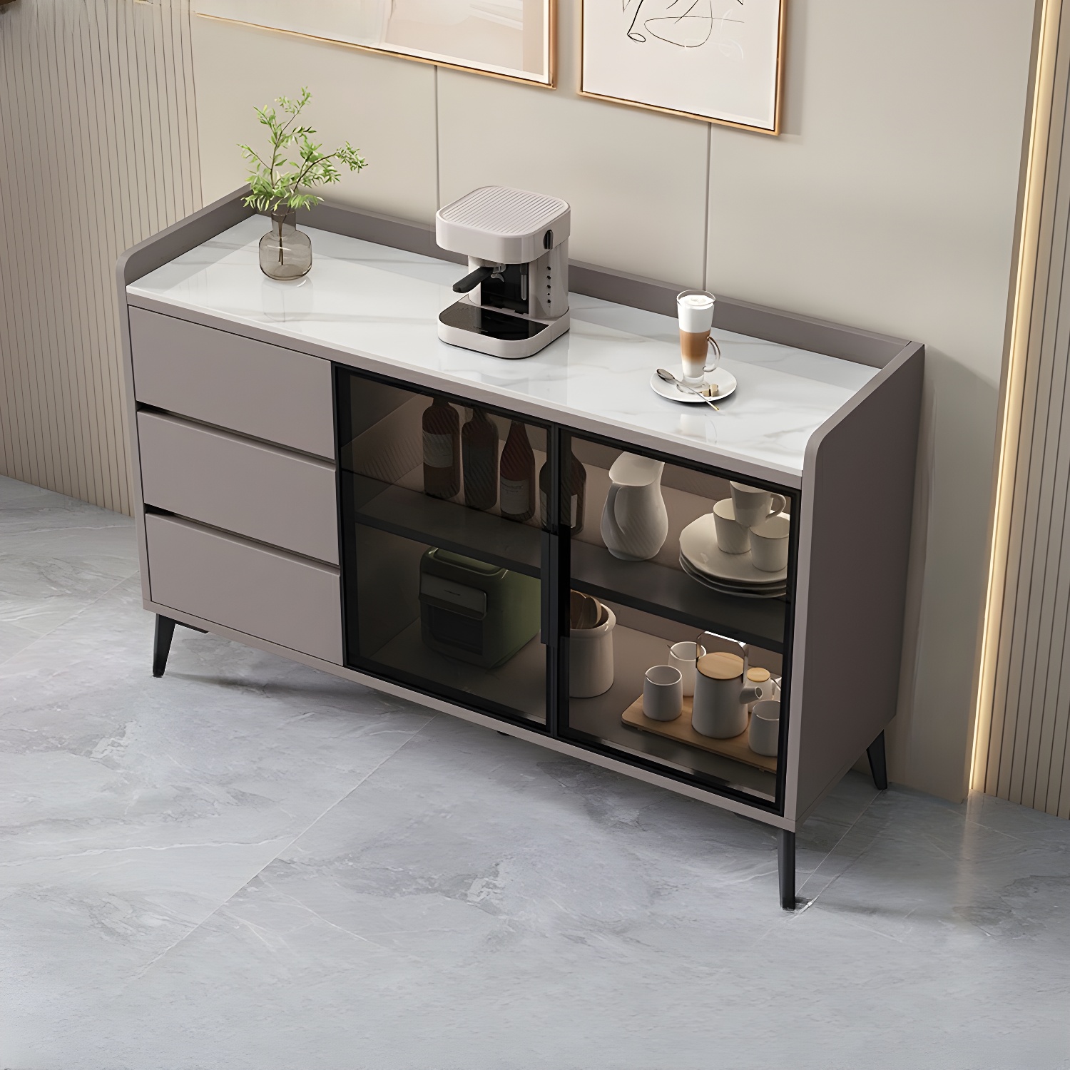 Stone Top Modern Wood Sideboard Credenza with 3 Drawers and Glass Doors - image 10