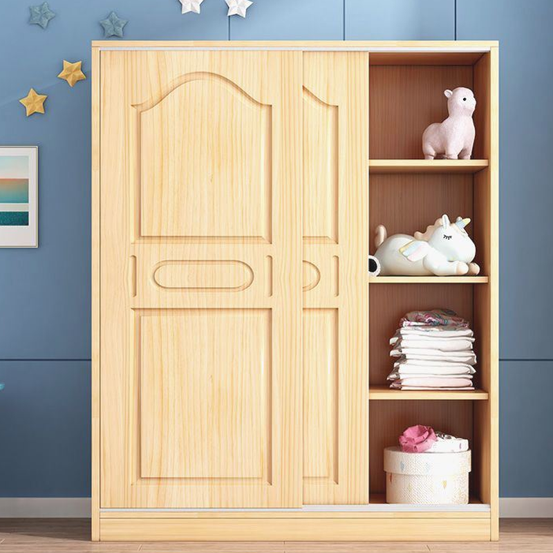 Natural Finish Modish Pine Wood Wardrobe Closet with Soft Close Door, Interior Shelves, and Clothing Rod