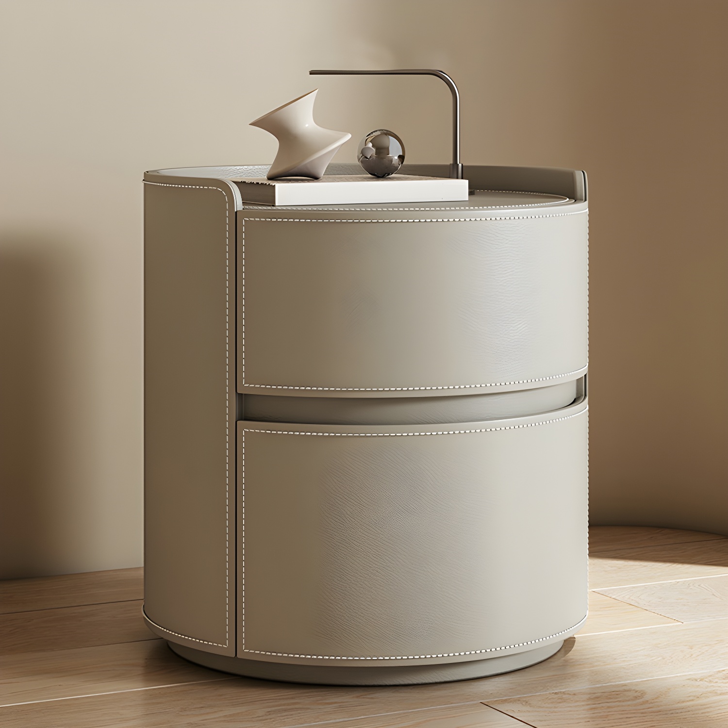 Modern Faux Leather Round Nightstand with 2 Drawers in Under 21 in. Narrow Size - image 4