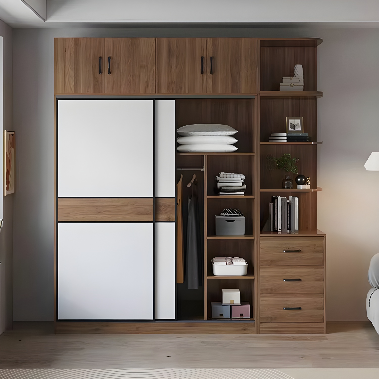 Modern Brown Wood Wardrobe Armoire with Sliding Doors, Shelves, and Clothing Rod - image 10