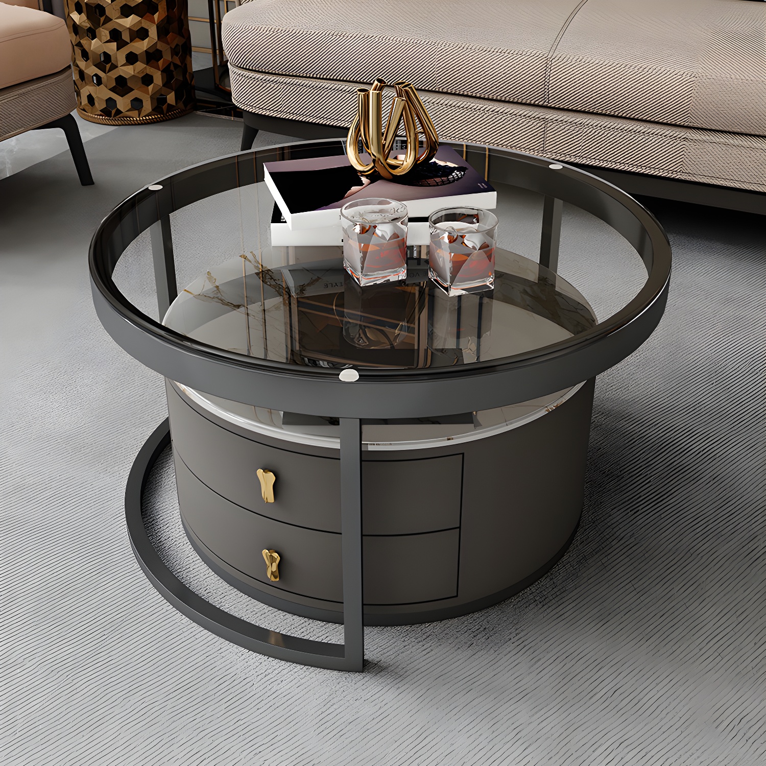 Modern Coffee Cocktail Table Round Nesting Coffee Table Set with Drawer - image 10