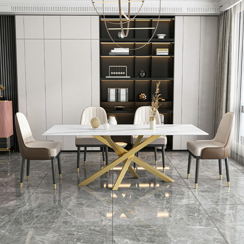 Art Deco Standard Table Height Rectangle Fixed Marble Top/Wood Dining Table with Golden Base for 8/4 People/6 People - image 5