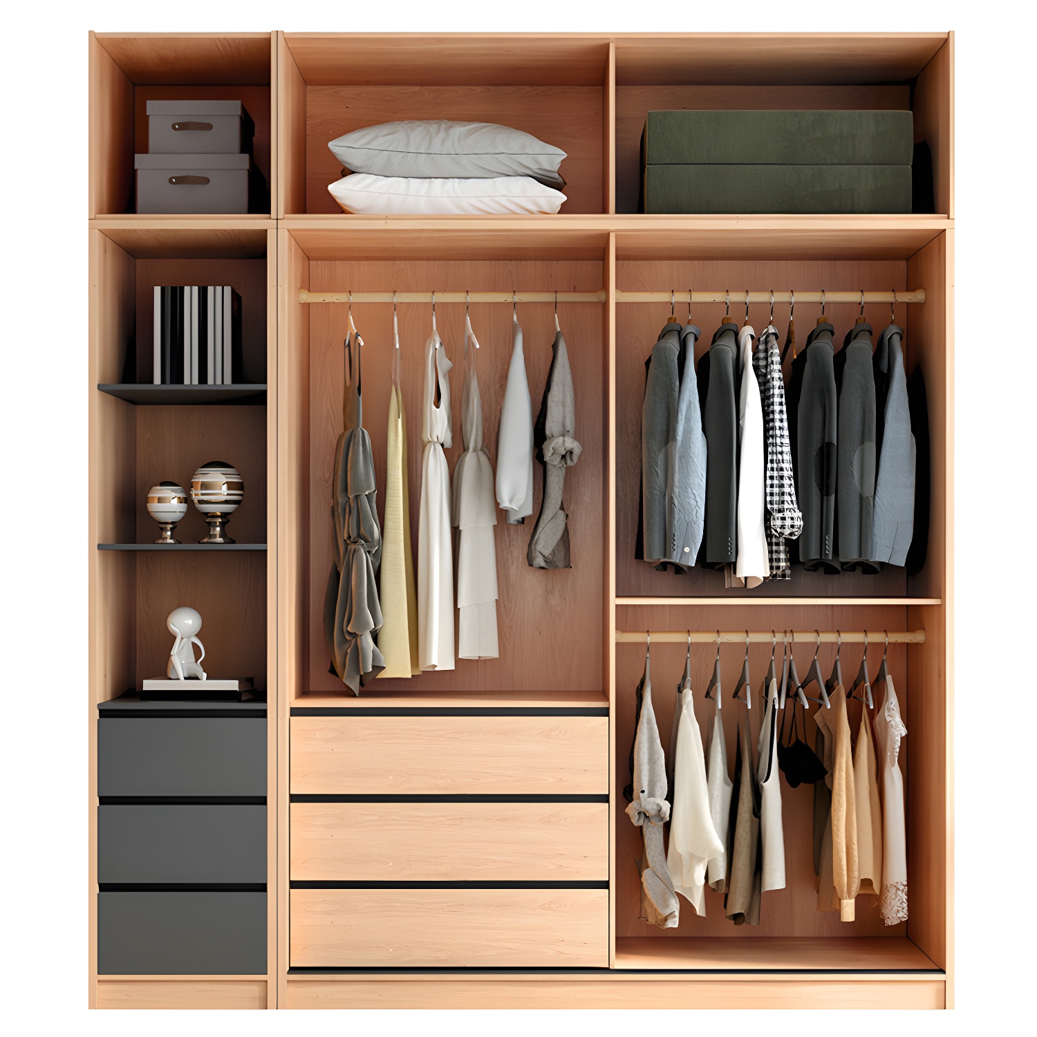 Contemporary Glass Sliding Doors Wardrobe Natural Wood Wardrobe with Drawers - image 10