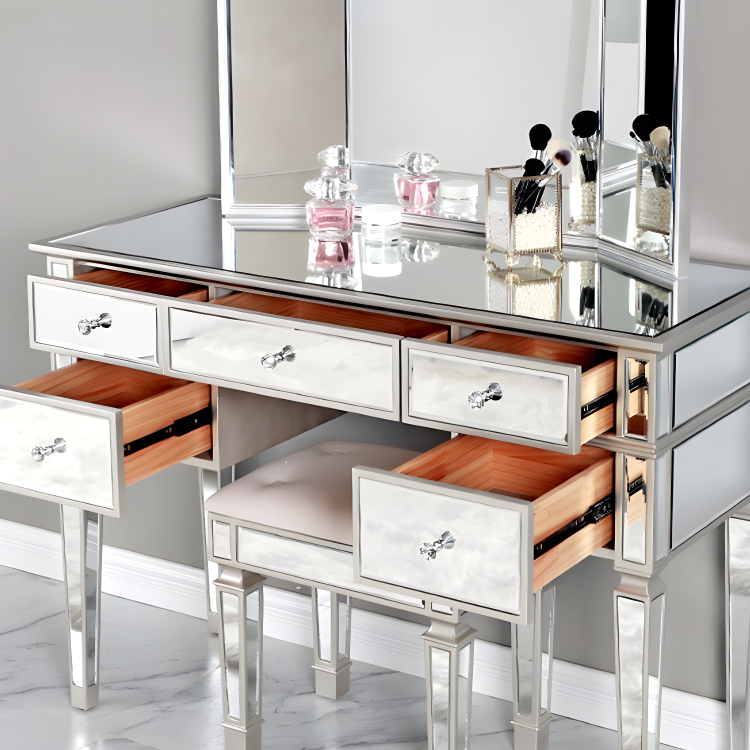 Solid Wood Vanity Dressing Table Set Contemporary Makeup Counter with Drawers - image 8