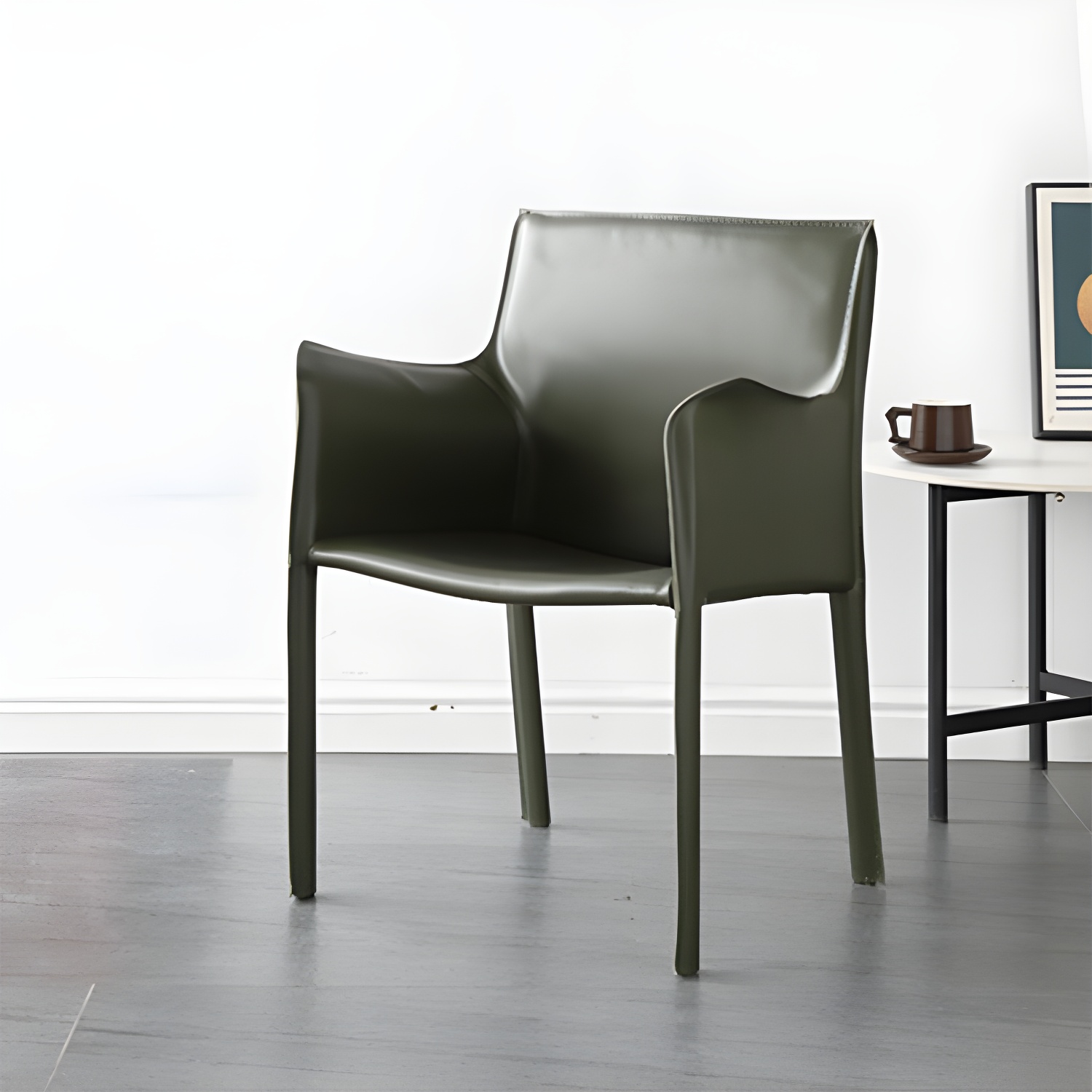 Designer Style Home Saddle Leather Arm Chair Matte Finish Solid Back Single Dining Chair