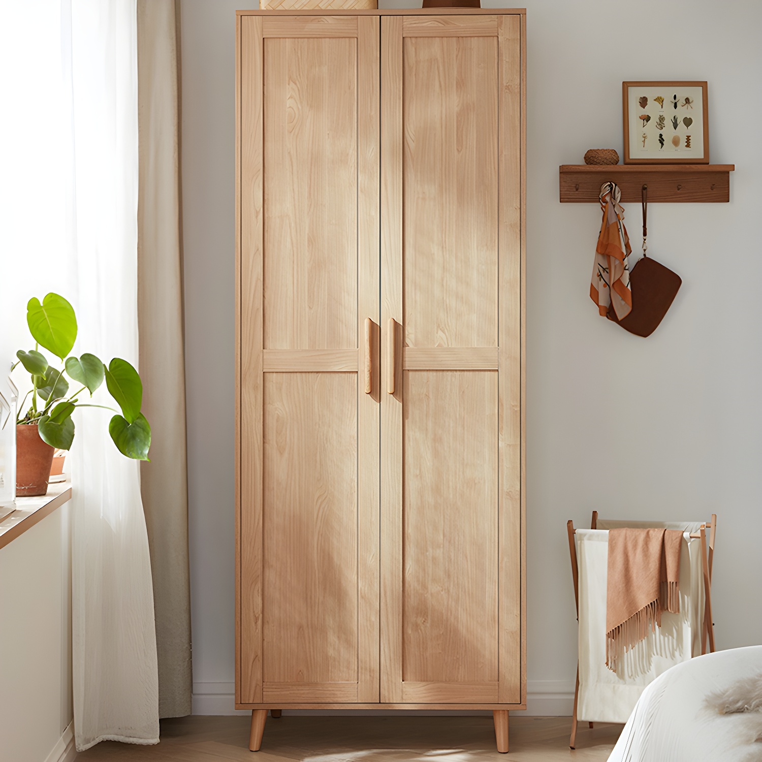 Modern Natural Wood Wardrobe Armoire with Clothing Rod, Shelves, and Soft-Close Drawers - image 4