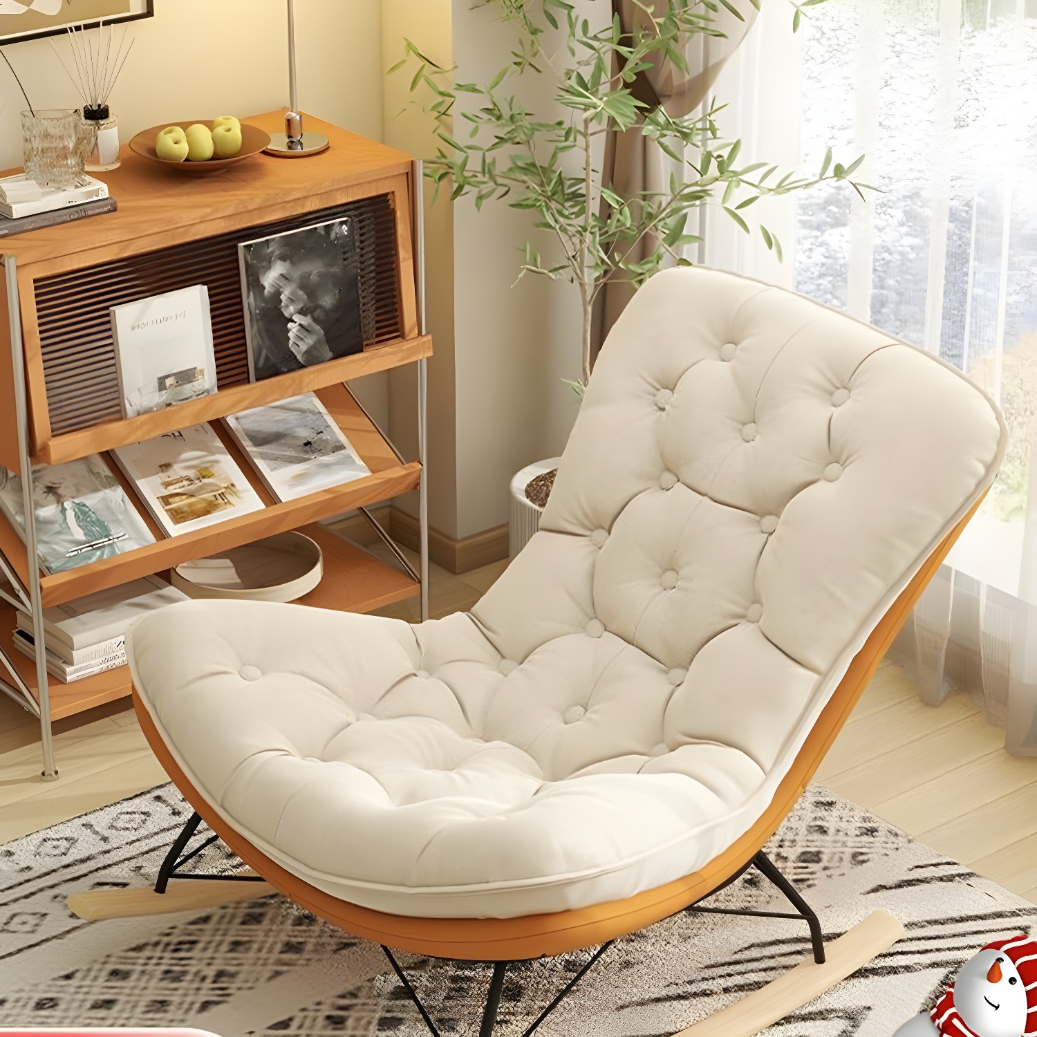 Contemporary Rocking Chair with Spindle Back, Tufted Upholstered and Wood Legs - image 8