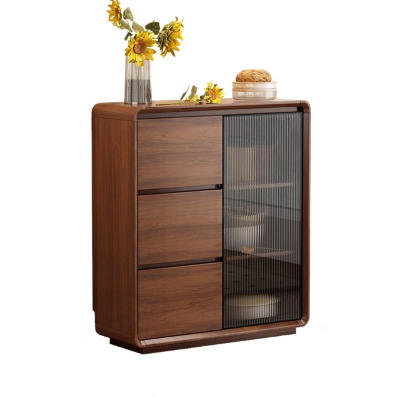 Espresso Sideboard with 3 Drawers, Locker Cabinet, Narrow Size, Compartment Storage, Glass-panel Door, and Flexible Shelf - image 4