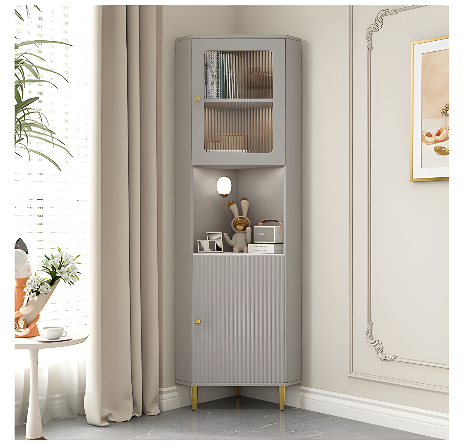 White Corner Modern Accent Cabinet with Stone Countertop, Glass Doors, and Cabinet Included - image 12