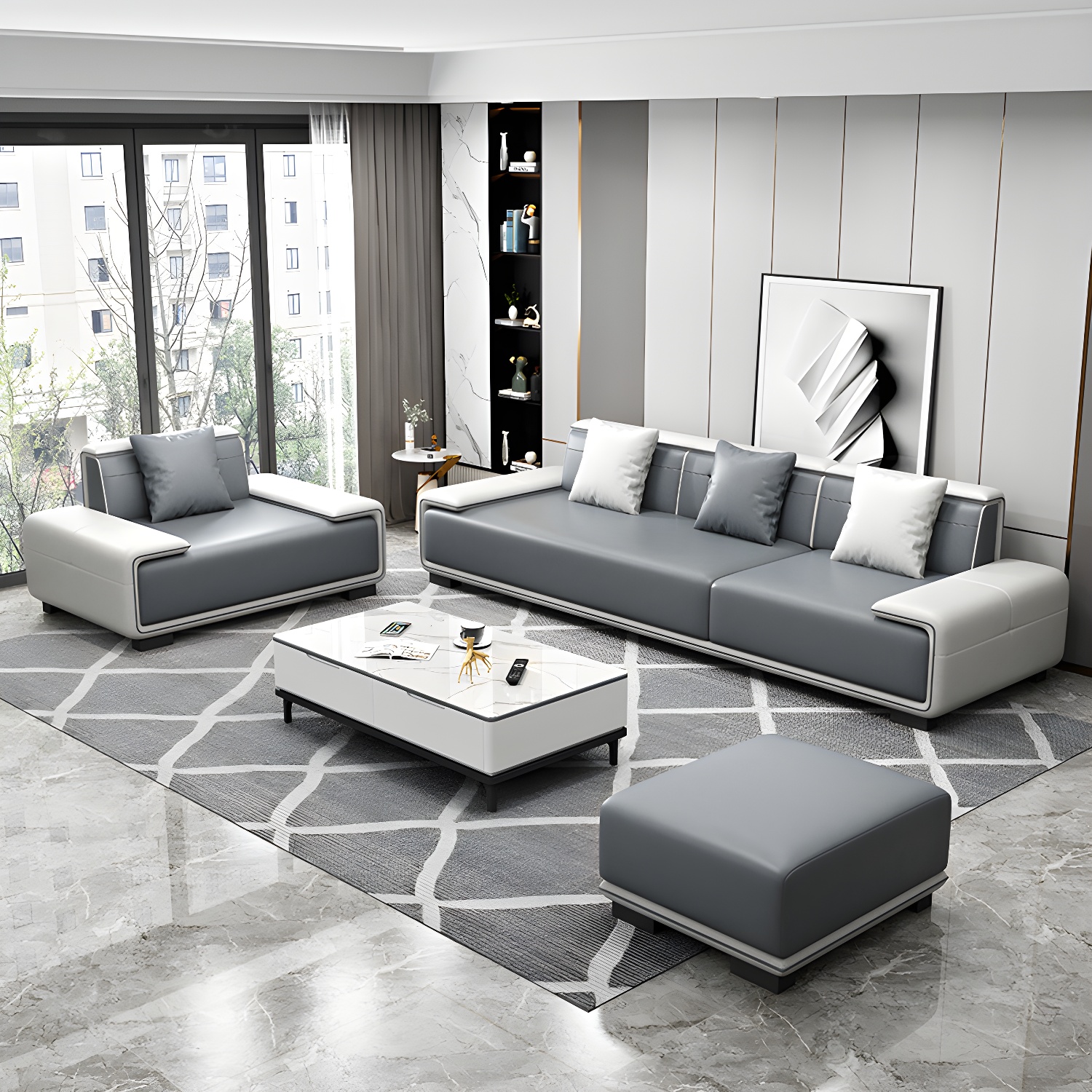 Faux Leather Sofa & Chaise with Pillows Modern U Sofa in Gray - 29.53" H - image 9
