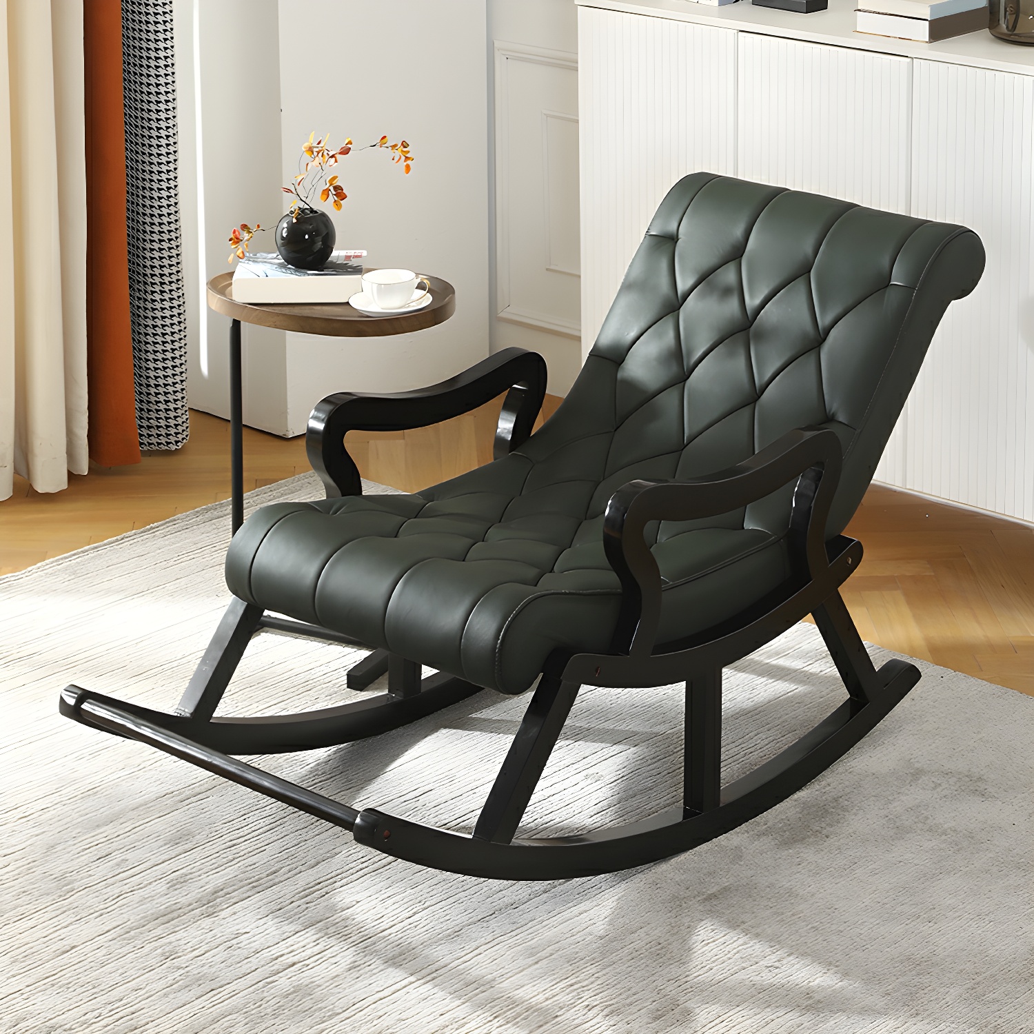 49" Wide Tufted Cushions Solid Wood Leather Rocking Accent Chair - image 5